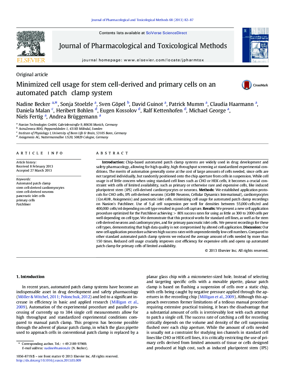 Original articleMinimized cell usage for stem cell-derived and primary cells on an automated patch clamp system