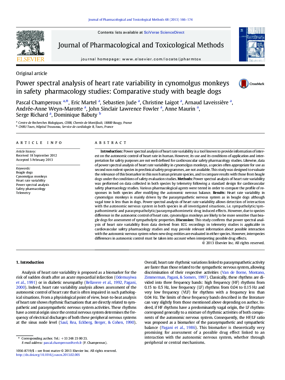 Original articlePower spectral analysis of heart rate variability in cynomolgus monkeys in safety pharmacology studies: Comparative study with beagle dogs