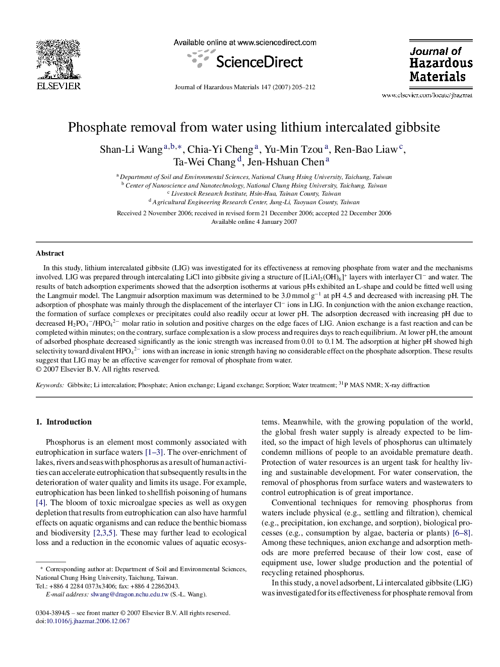 Phosphate removal from water using lithium intercalated gibbsite