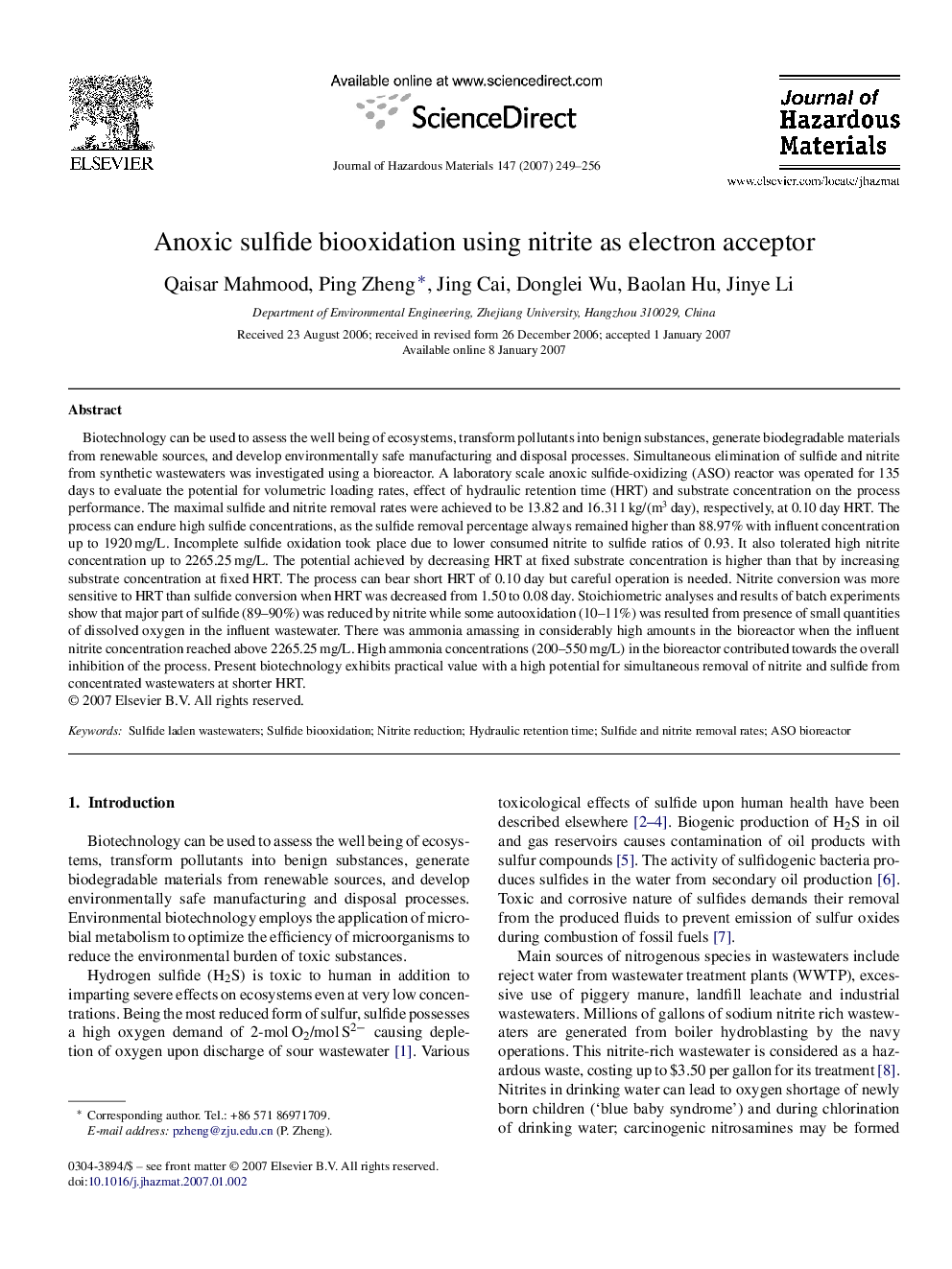 Anoxic sulfide biooxidation using nitrite as electron acceptor