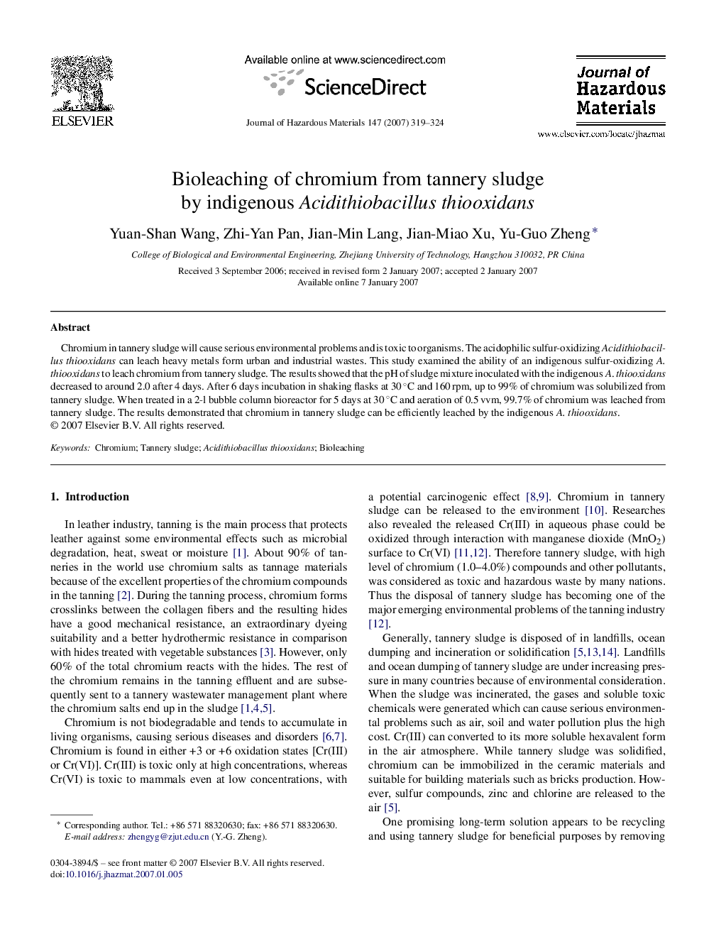 Bioleaching of chromium from tannery sludge by indigenous Acidithiobacillus thiooxidans