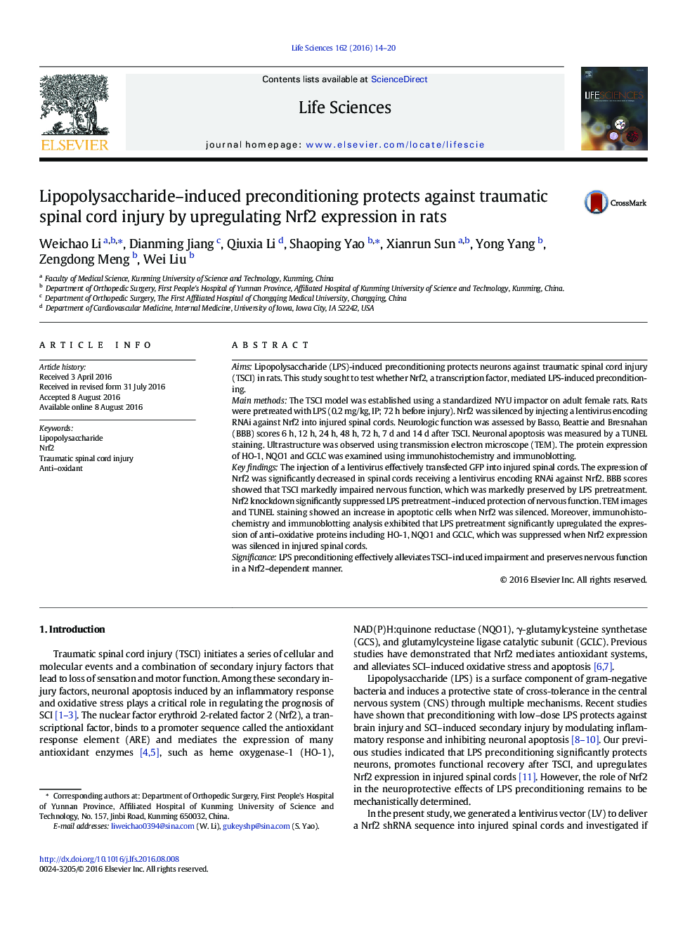 Lipopolysaccharide-induced preconditioning protects against traumatic spinal cord injury by upregulating Nrf2 expression in rats