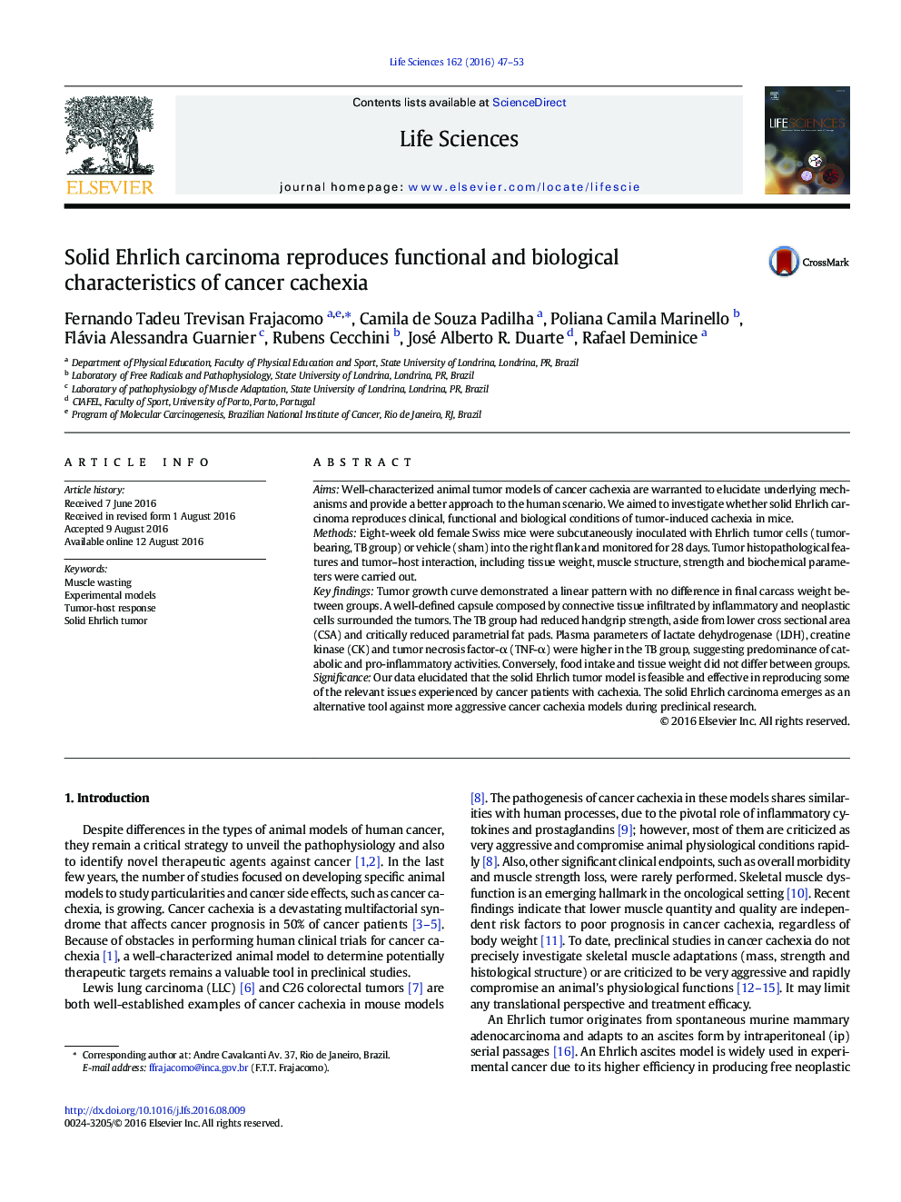 Solid Ehrlich carcinoma reproduces functional and biological characteristics of cancer cachexia