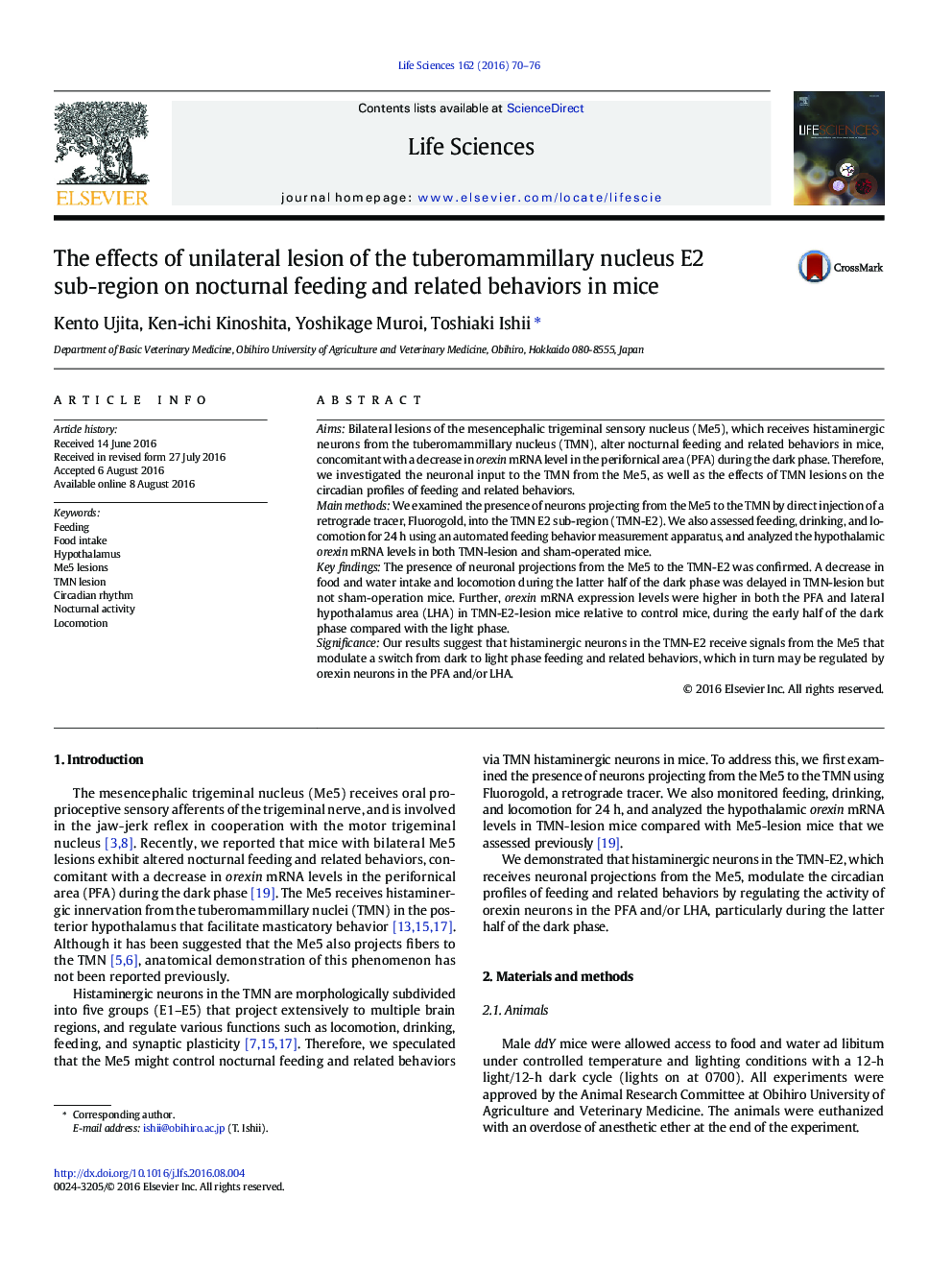 عکس صفحه اول مقاله: The effects of unilateral lesion of the tuberomammillary nucleus E2 sub-region on nocturnal feeding and related behaviors in mice The effects of unilateral lesion of the tuberomammillary nucleus E2 sub-region on nocturnal feeding and related behaviors in mice