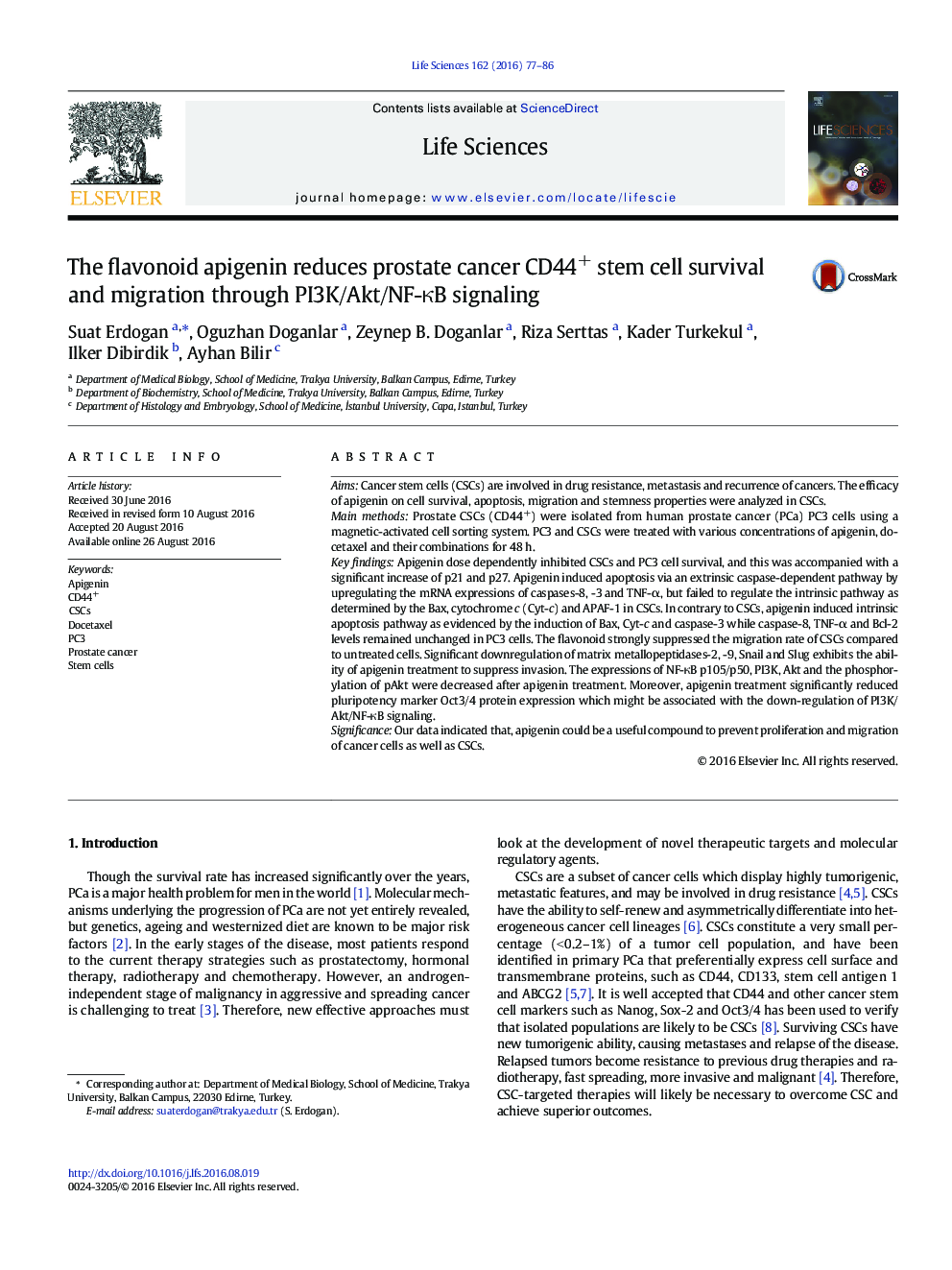 The flavonoid apigenin reduces prostate cancer CD44+ stem cell survival and migration through PI3K/Akt/NF-ÎºB signaling