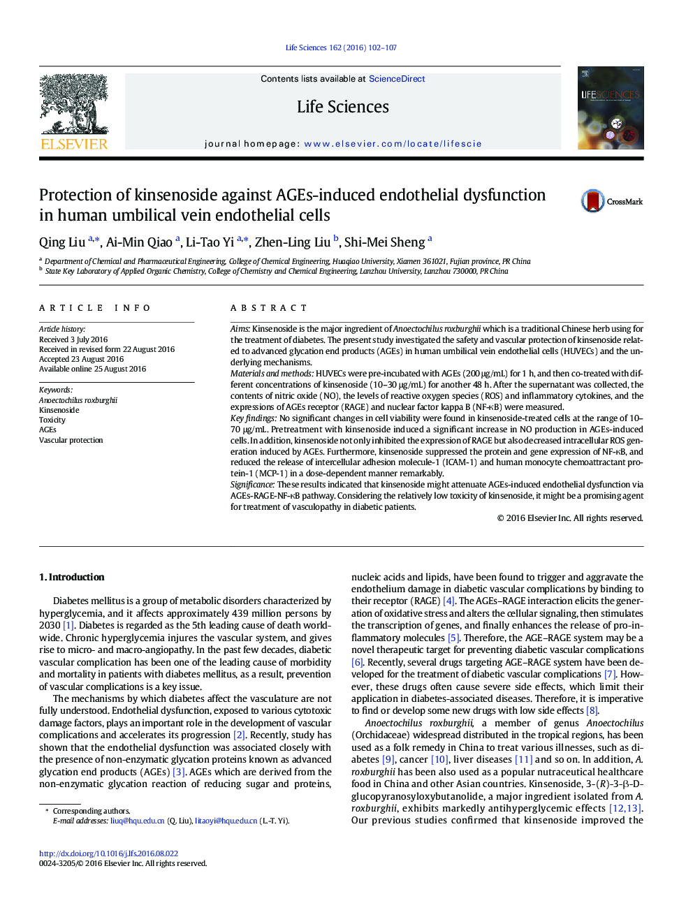 Protection of kinsenoside against AGEs-induced endothelial dysfunction in human umbilical vein endothelial cells