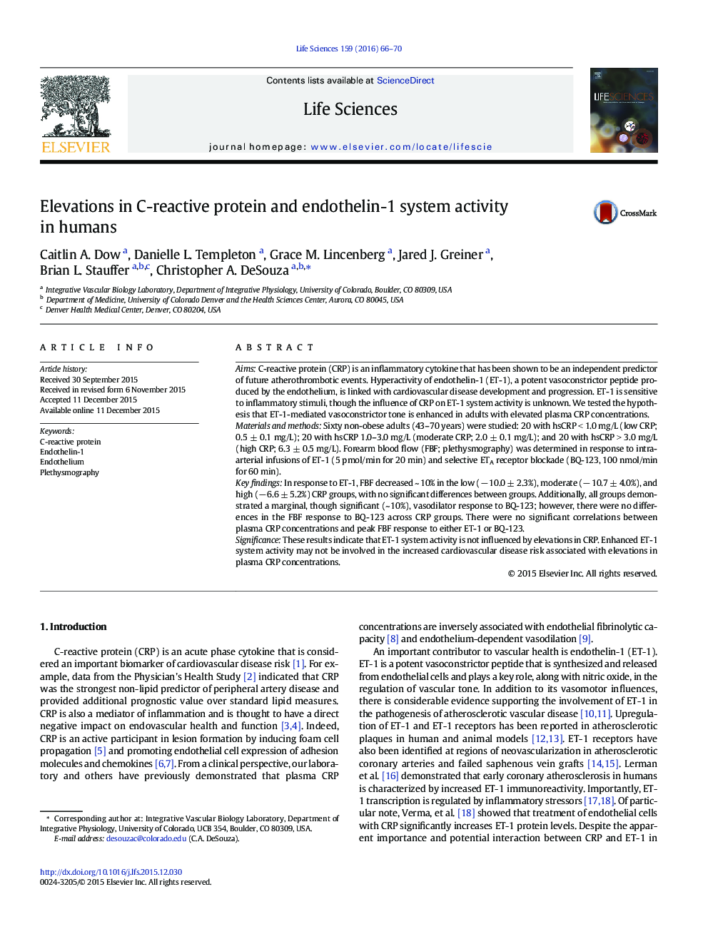 Elevations in C-reactive protein and endothelin-1 system activity in humans