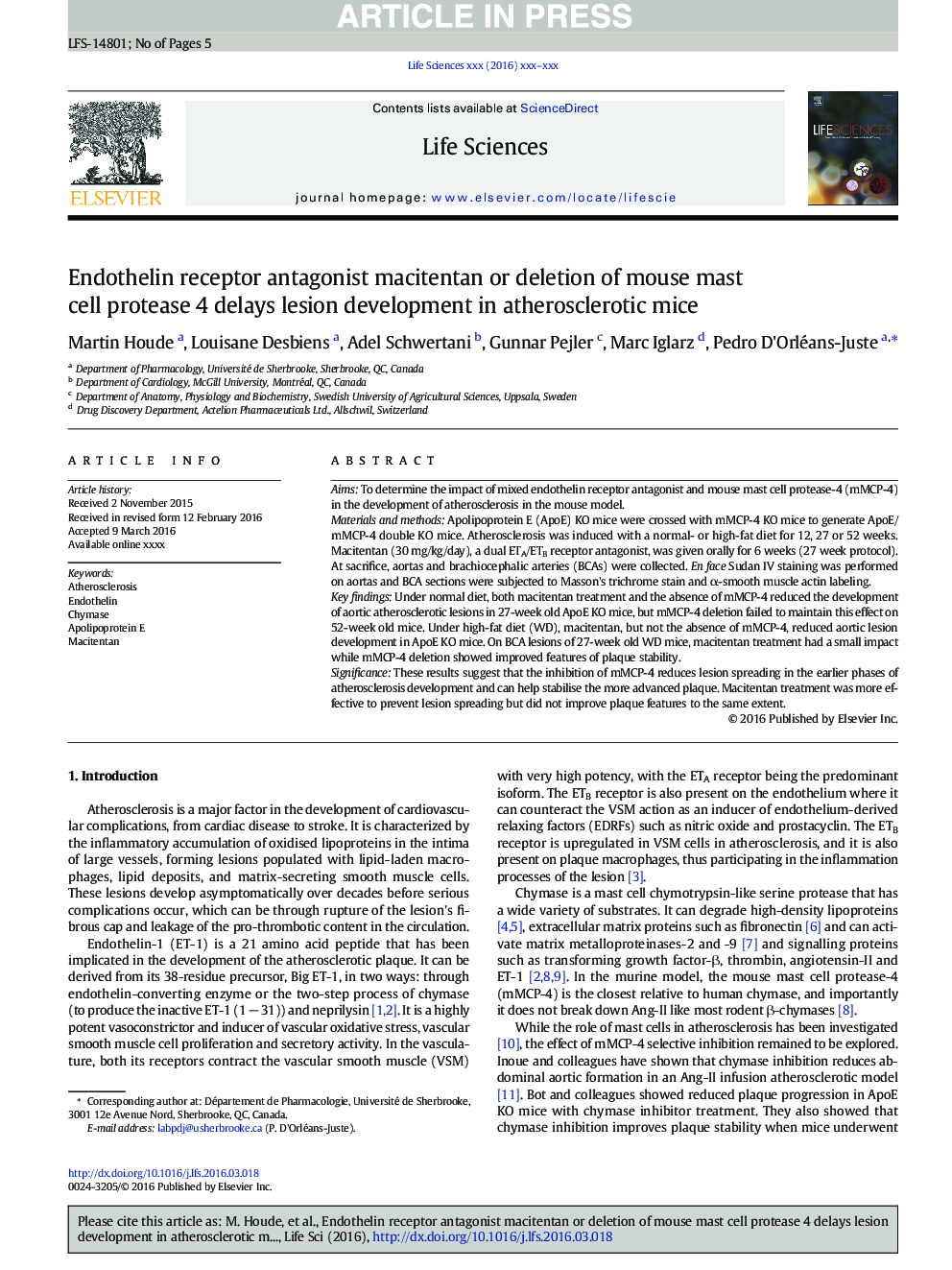 Endothelin receptor antagonist macitentan or deletion of mouse mast cell protease 4 delays lesion development in atherosclerotic mice