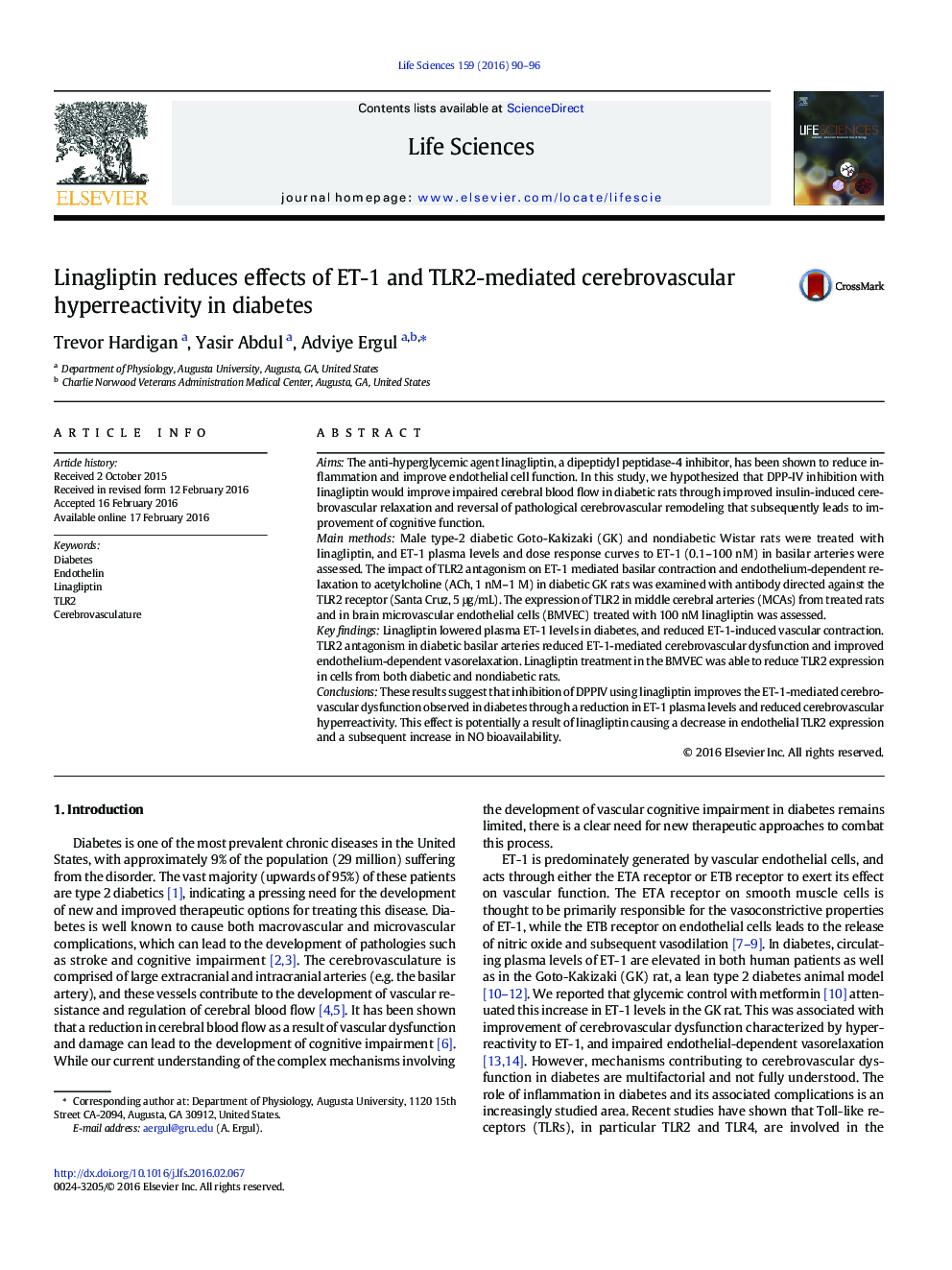 Linagliptin reduces effects of ET-1 and TLR2-mediated cerebrovascular hyperreactivity in diabetes