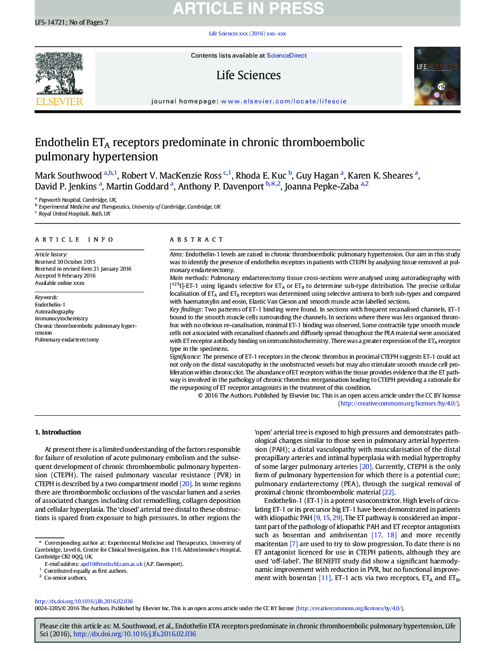 Endothelin ETA receptors predominate in chronic thromboembolic pulmonary hypertension