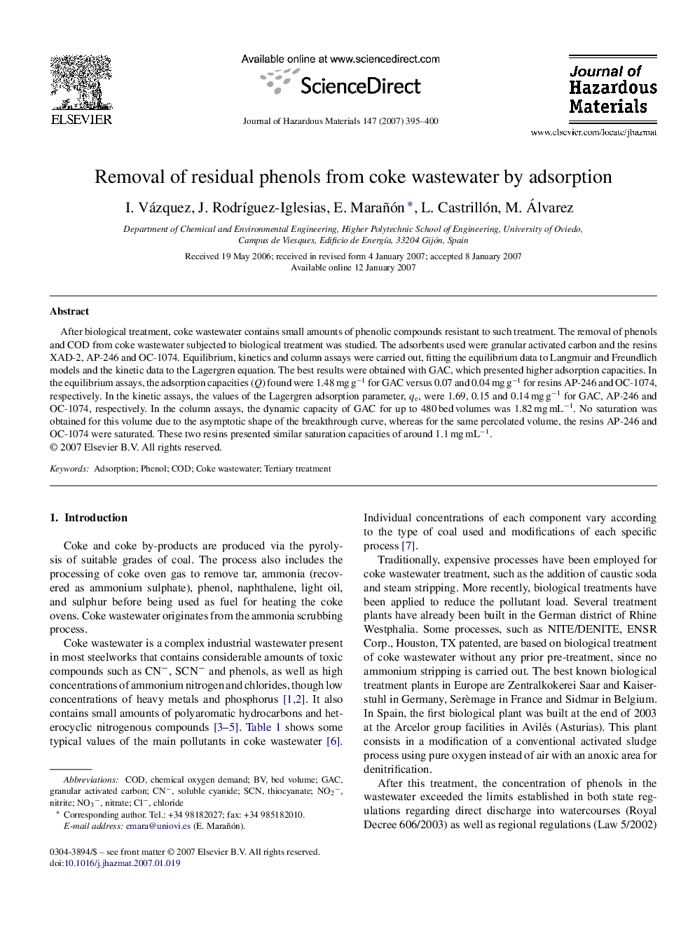 Removal of residual phenols from coke wastewater by adsorption