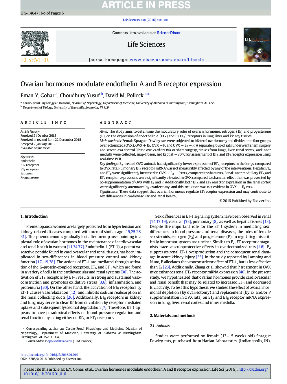 Ovarian hormones modulate endothelin A and B receptor expression