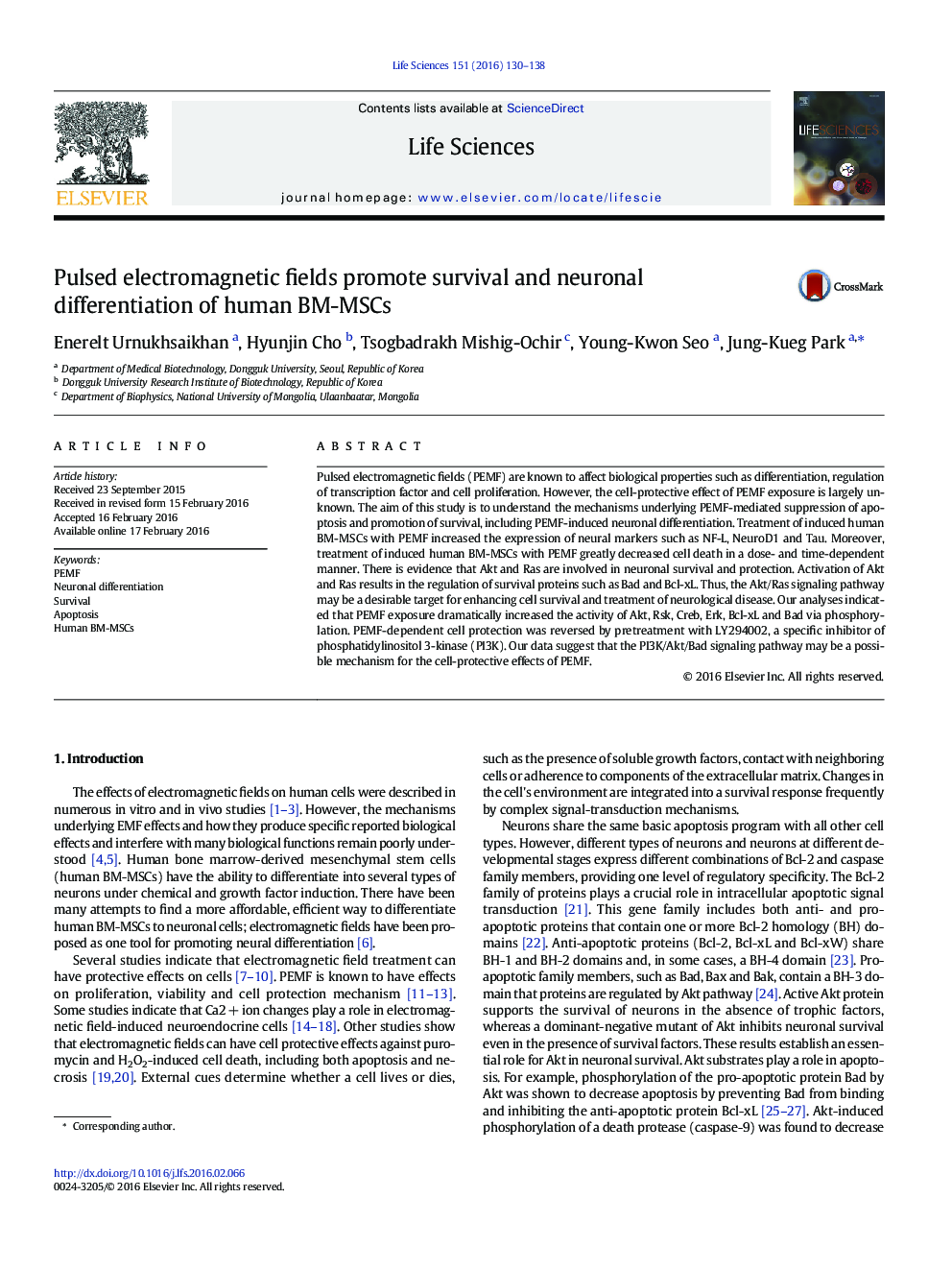 Pulsed electromagnetic fields promote survival and neuronal differentiation of human BM-MSCs