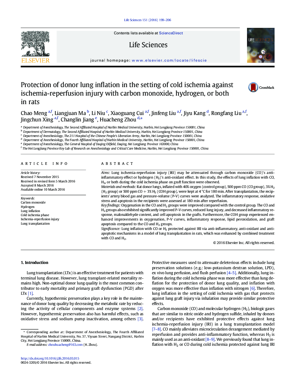 Protection of donor lung inflation in the setting of cold ischemia against ischemia-reperfusion injury with carbon monoxide, hydrogen, or both in rats