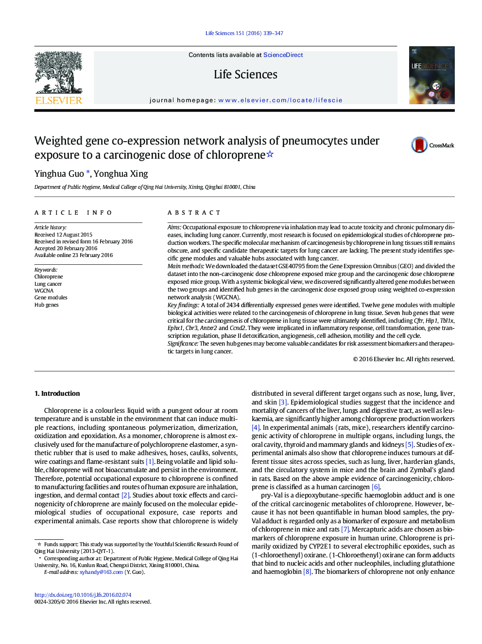 Weighted gene co-expression network analysis of pneumocytes under exposure to a carcinogenic dose of chloroprene