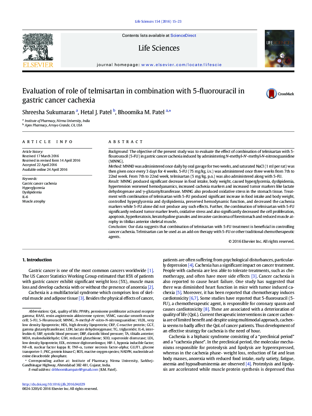 Evaluation of role of telmisartan in combination with 5-fluorouracil in gastric cancer cachexia