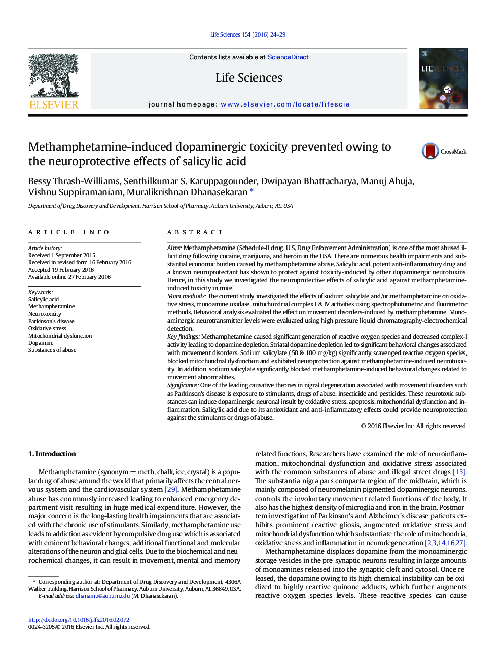 Methamphetamine-induced dopaminergic toxicity prevented owing to the neuroprotective effects of salicylic acid