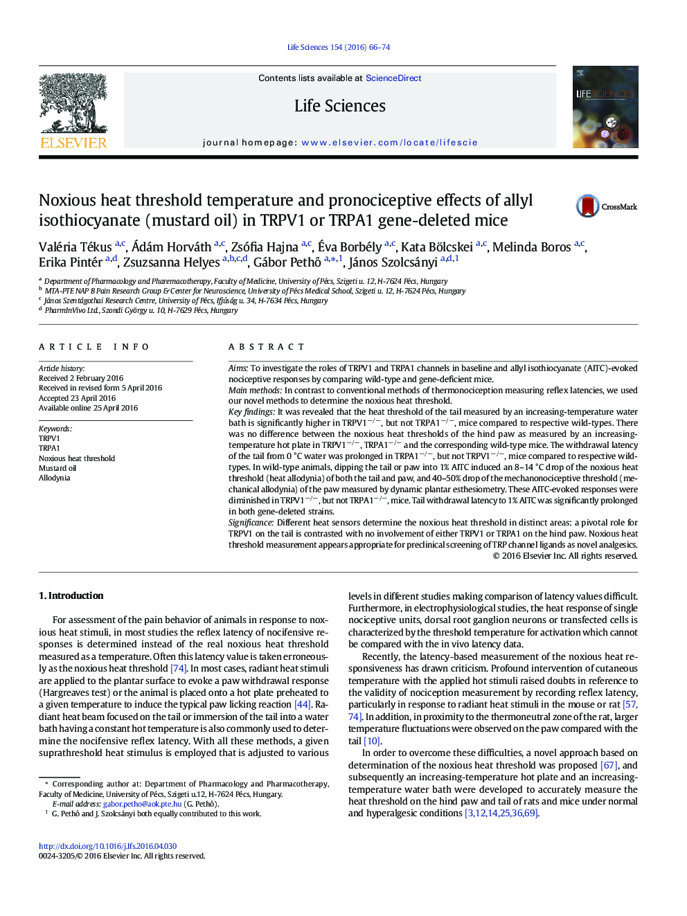 Noxious heat threshold temperature and pronociceptive effects of allyl isothiocyanate (mustard oil) in TRPV1 or TRPA1 gene-deleted mice