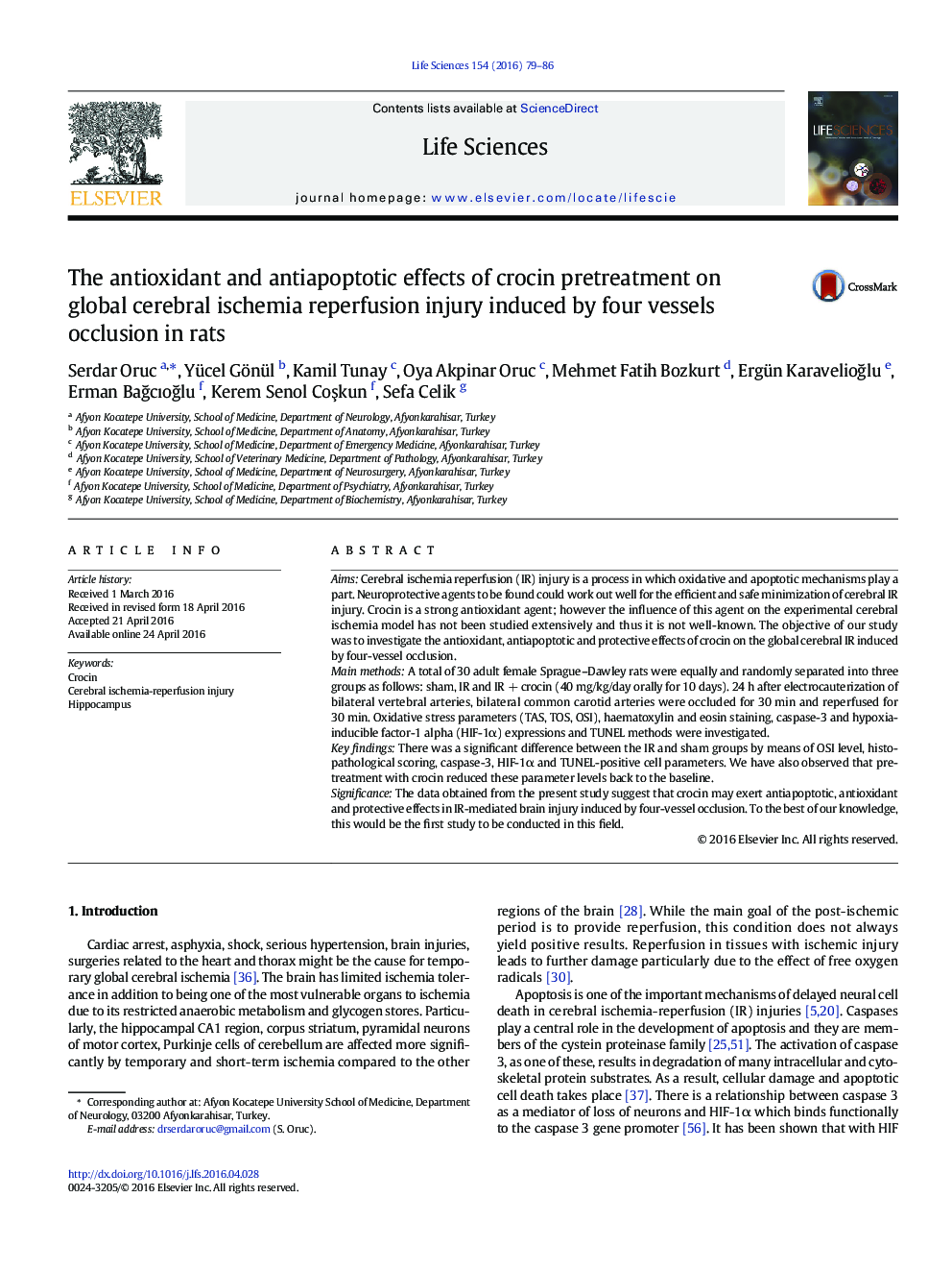 The antioxidant and antiapoptotic effects of crocin pretreatment on global cerebral ischemia reperfusion injury induced by four vessels occlusion in rats