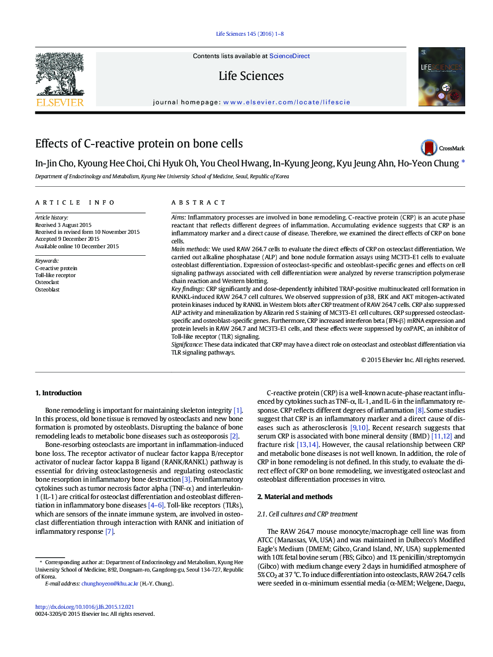 Effects of C-reactive protein on bone cells