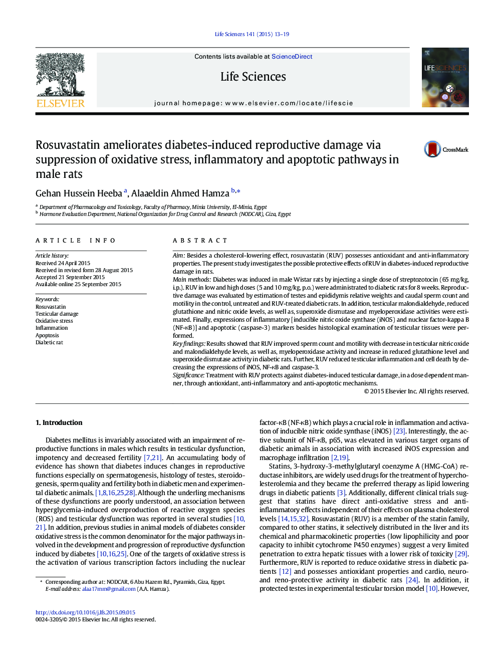 Rosuvastatin ameliorates diabetes-induced reproductive damage via suppression of oxidative stress, inflammatory and apoptotic pathways in male rats