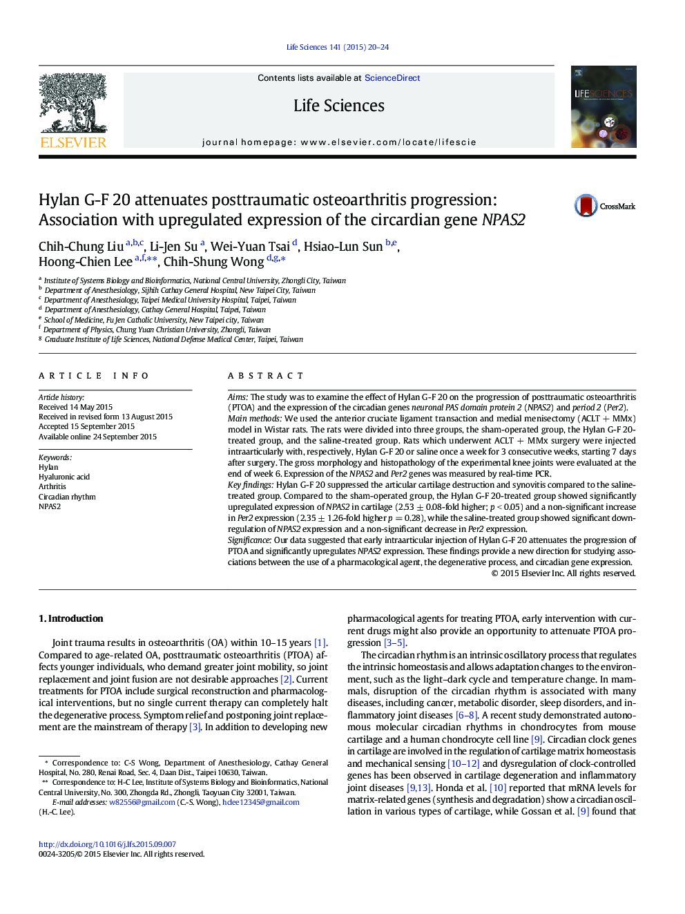 Hylan G-F 20 attenuates posttraumatic osteoarthritis progression: Association with upregulated expression of the circardian gene NPAS2