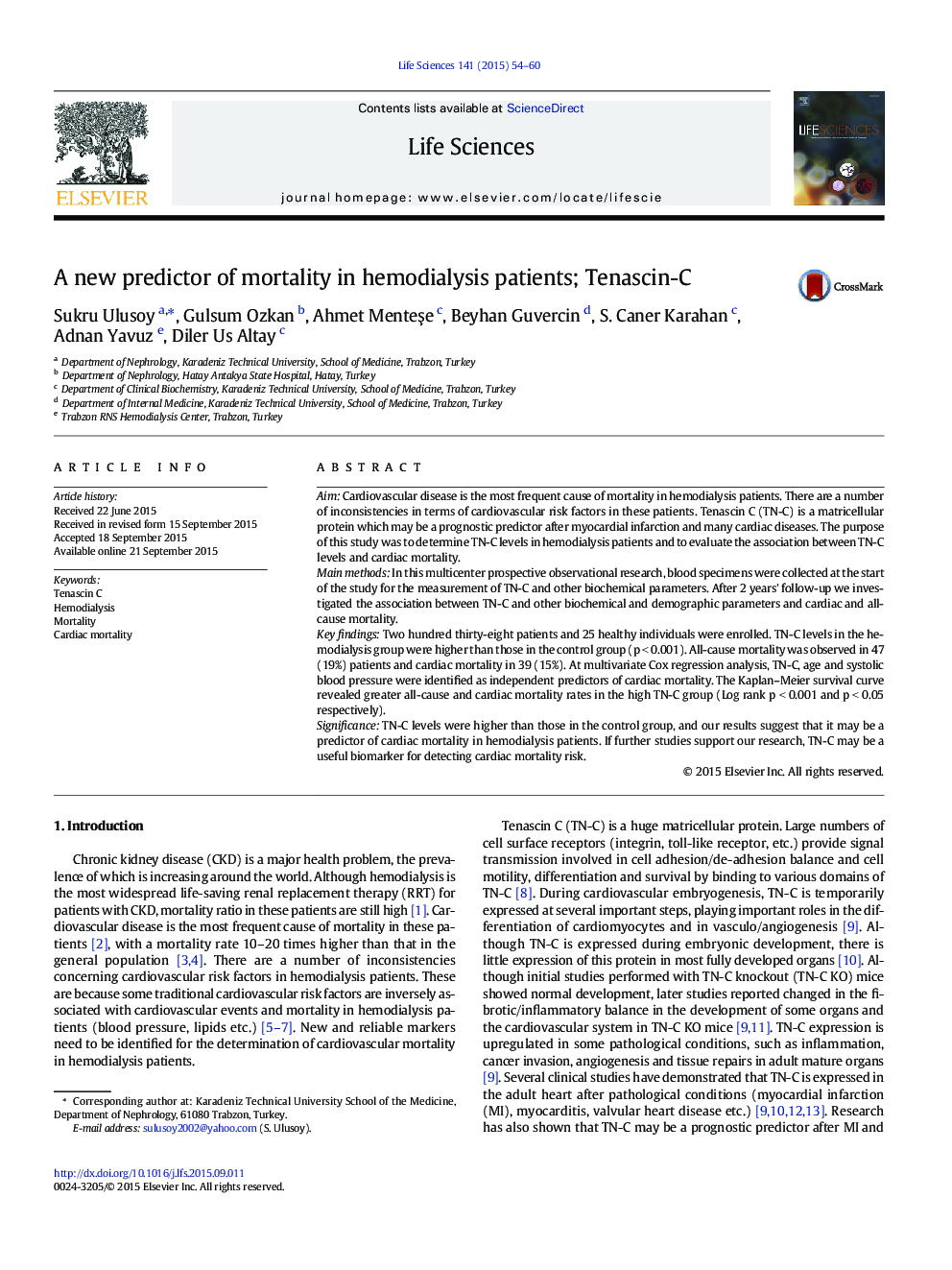 A new predictor of mortality in hemodialysis patients; Tenascin-C