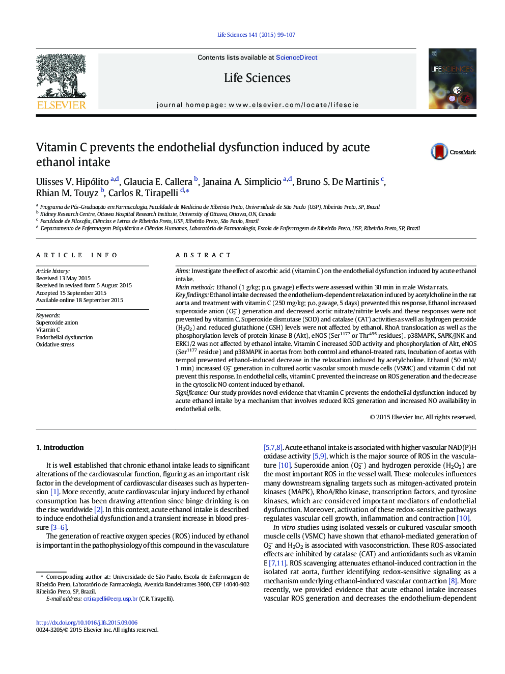 Vitamin C prevents the endothelial dysfunction induced by acute ethanol intake