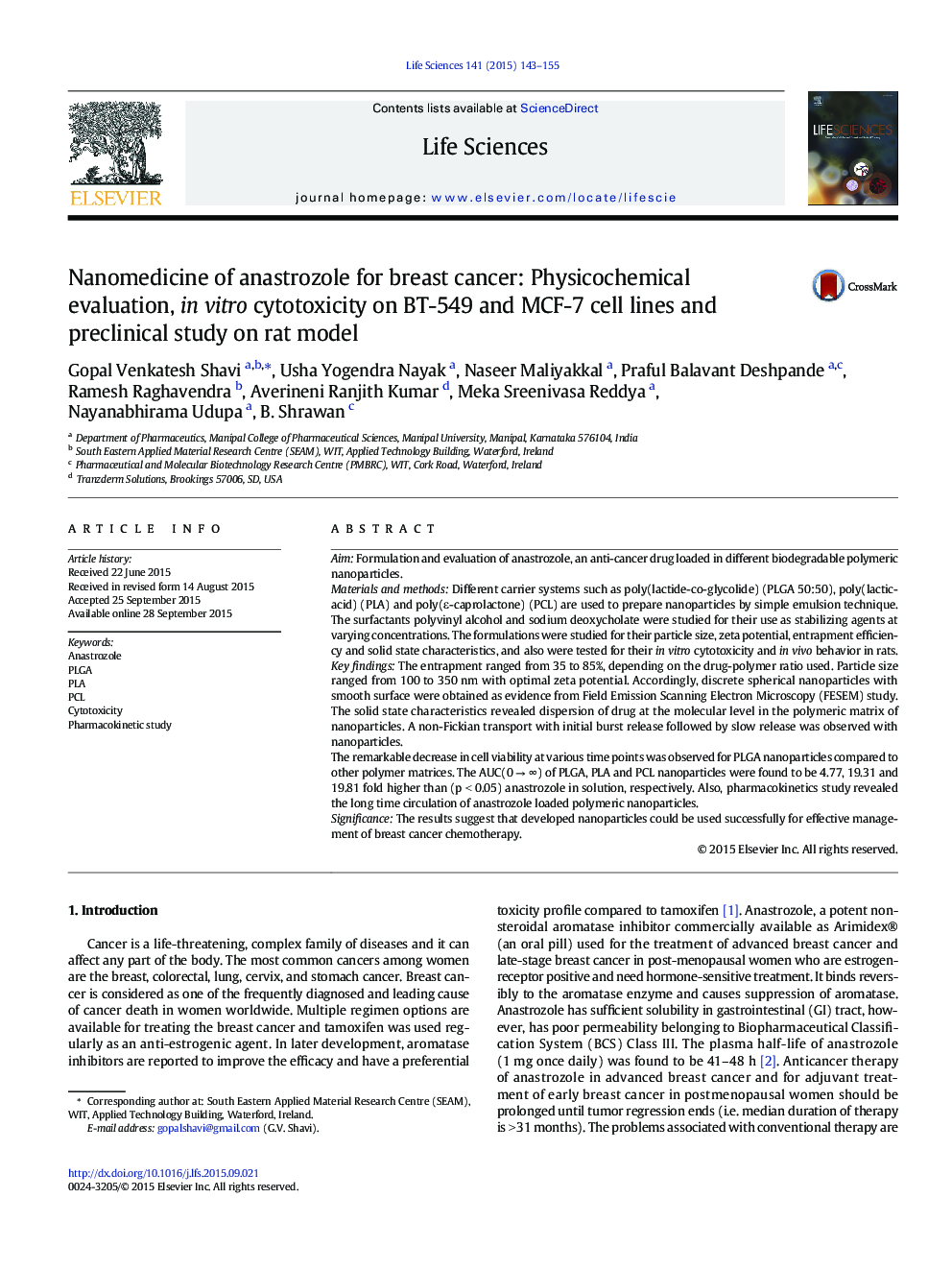 Nanomedicine of anastrozole for breast cancer: Physicochemical evaluation, in vitro cytotoxicity on BT-549 and MCF-7 cell lines and preclinical study on rat model