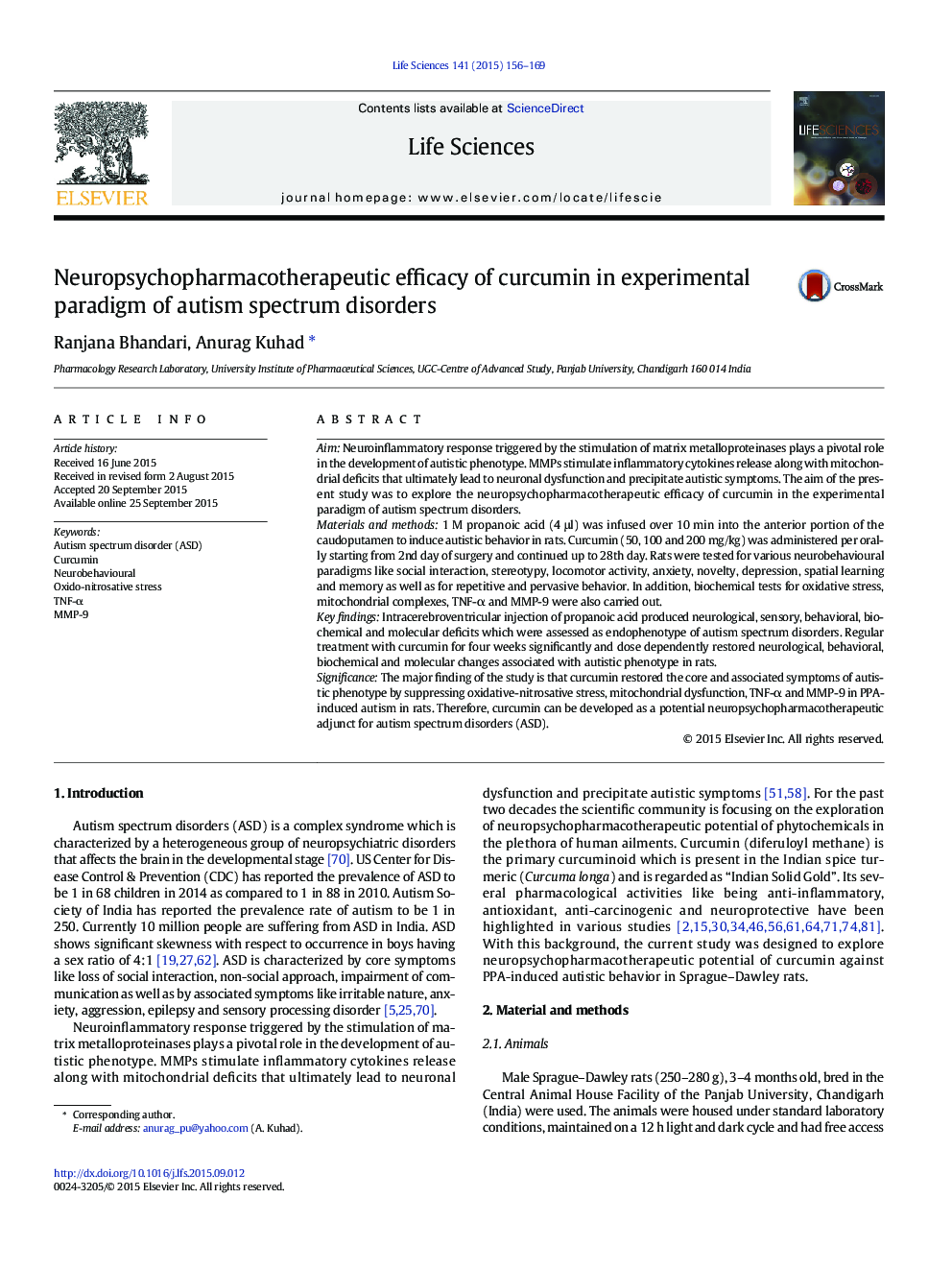 Neuropsychopharmacotherapeutic efficacy of curcumin in experimental paradigm of autism spectrum disorders