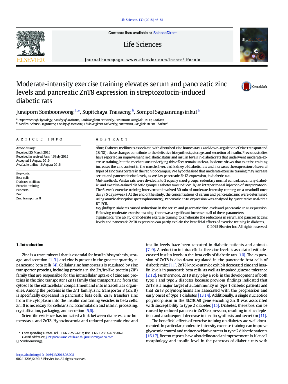 Moderate-intensity exercise training elevates serum and pancreatic zinc levels and pancreatic ZnT8 expression in streptozotocin-induced diabetic rats