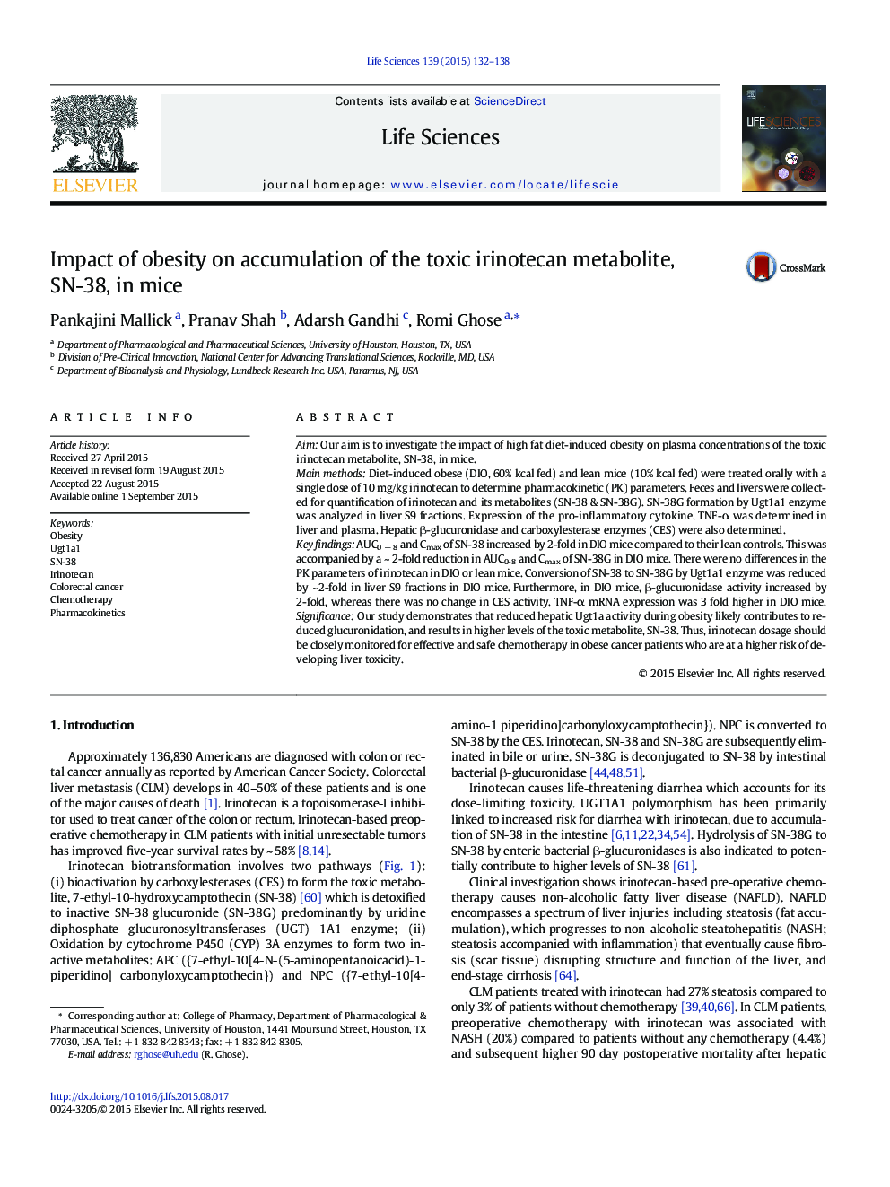 Impact of obesity on accumulation of the toxic irinotecan metabolite, SN-38, in mice