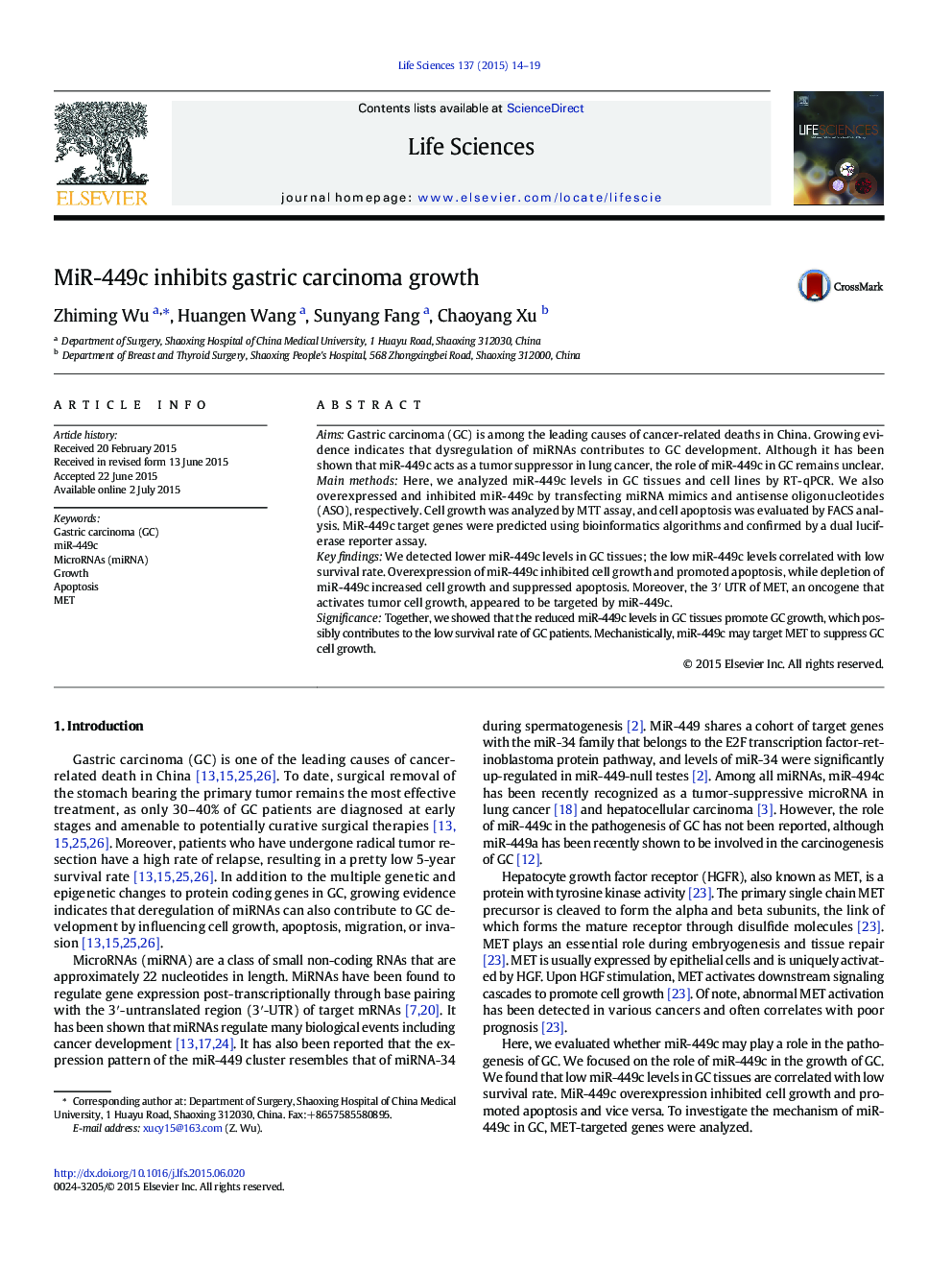 MiR-449c inhibits gastric carcinoma growth