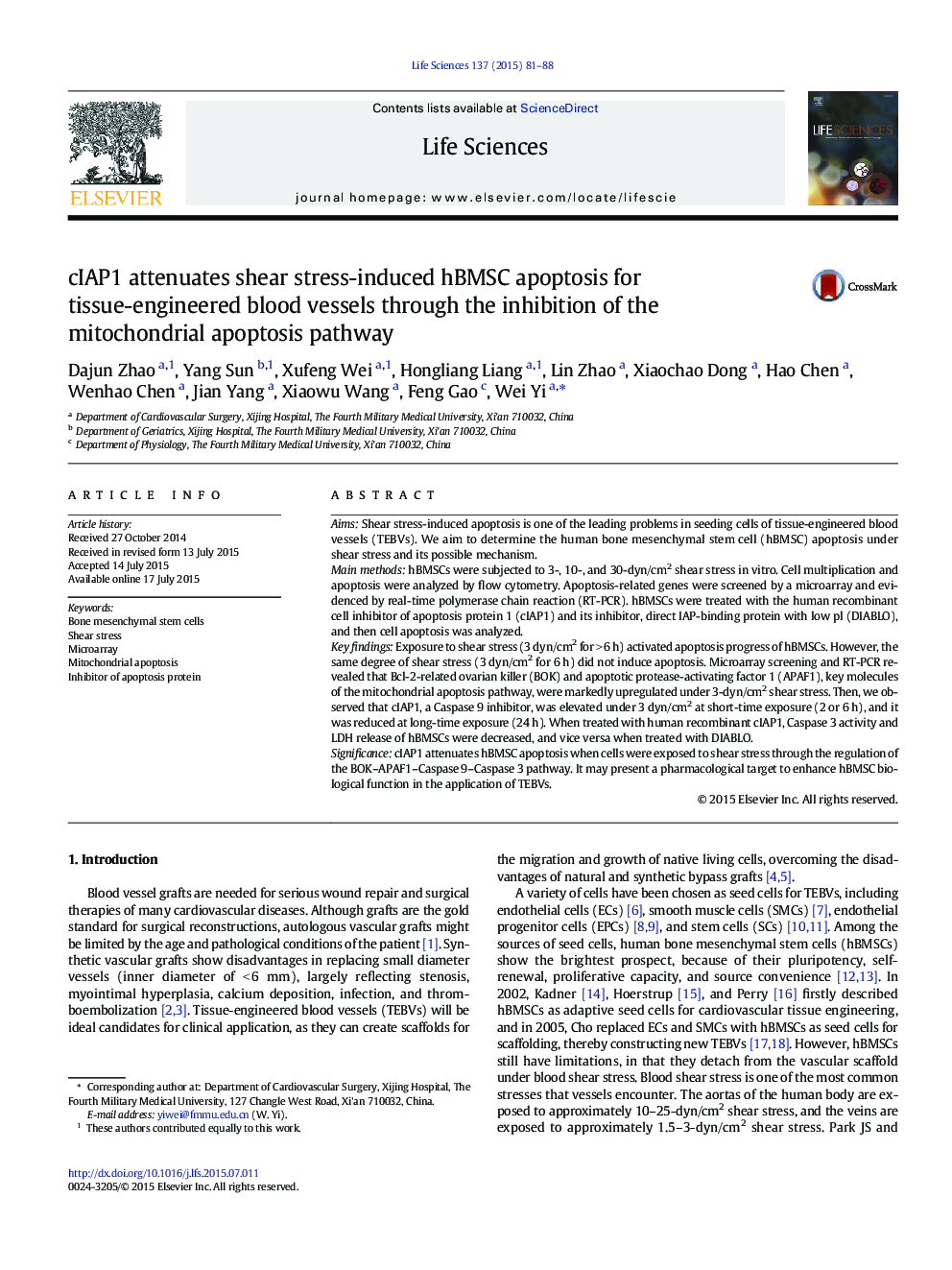 cIAP1 attenuates shear stress-induced hBMSC apoptosis for tissue-engineered blood vessels through the inhibition of the mitochondrial apoptosis pathway