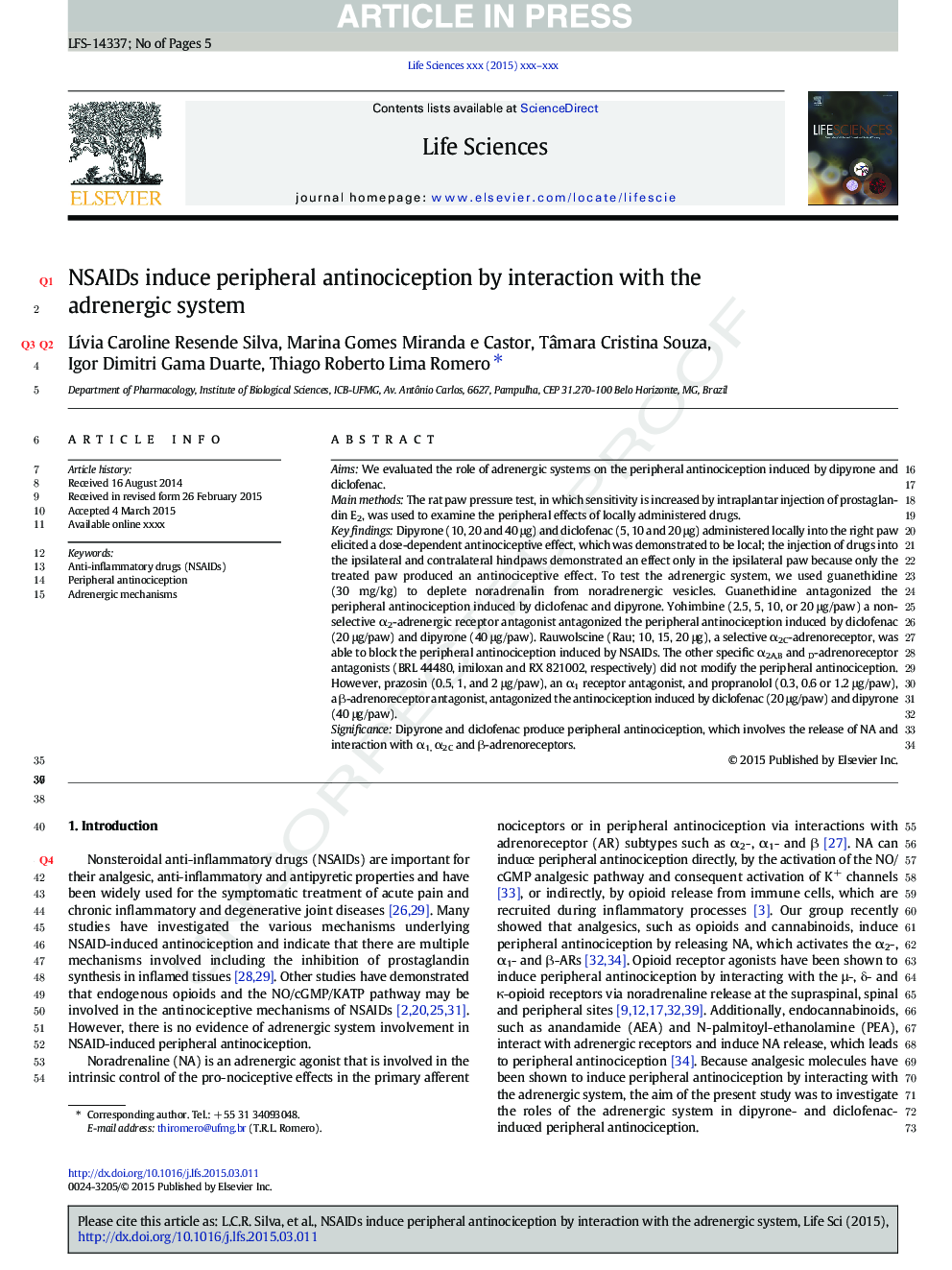 NSAIDs induce peripheral antinociception by interaction with the adrenergic system