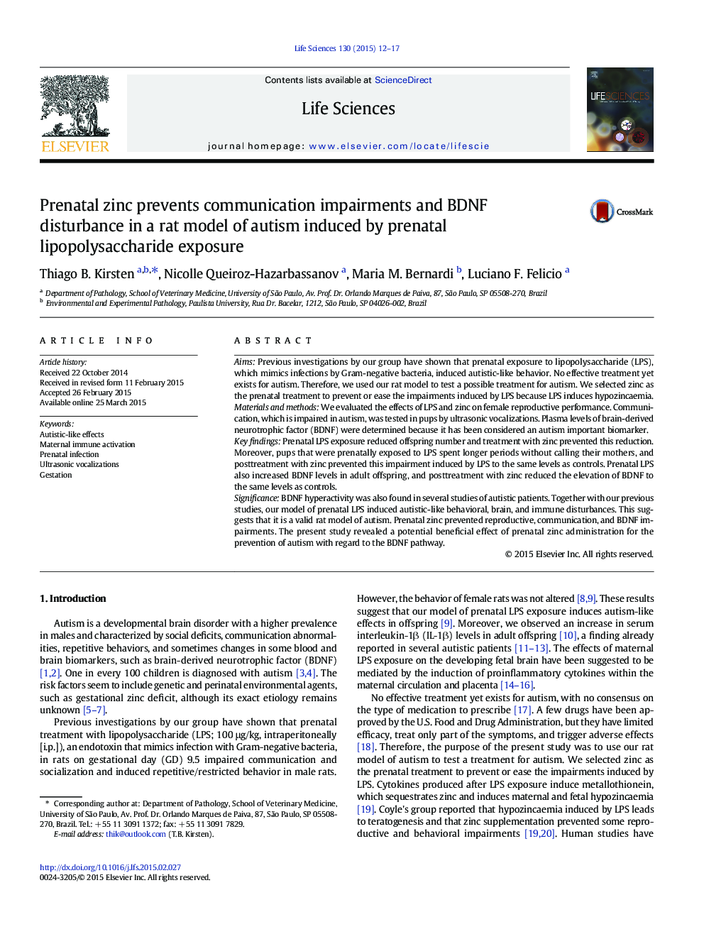 Prenatal zinc prevents communication impairments and BDNF disturbance in a rat model of autism induced by prenatal lipopolysaccharide exposure