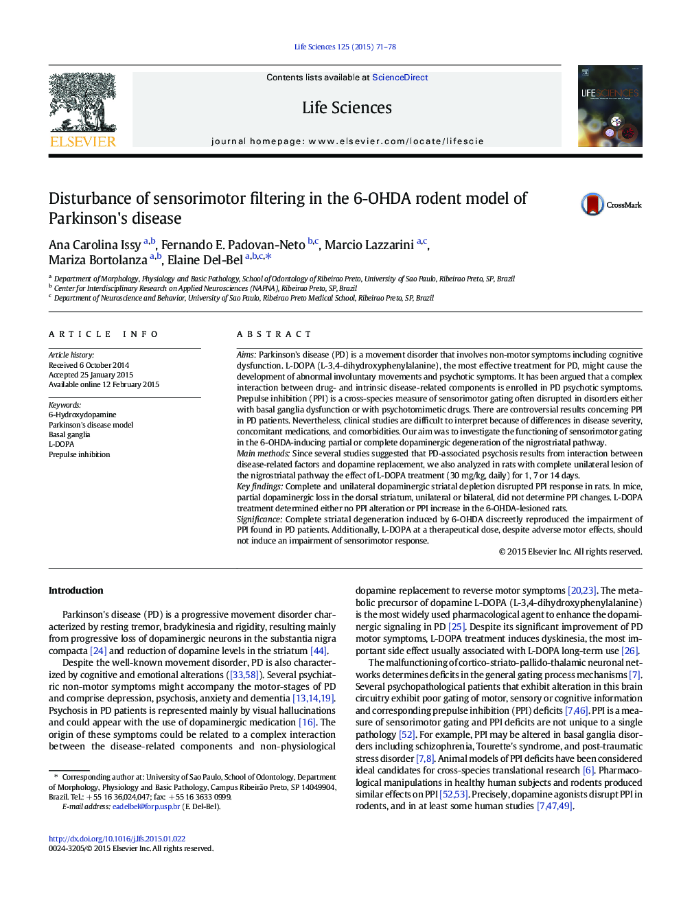 Disturbance of sensorimotor filtering in the 6-OHDA rodent model of Parkinson's disease