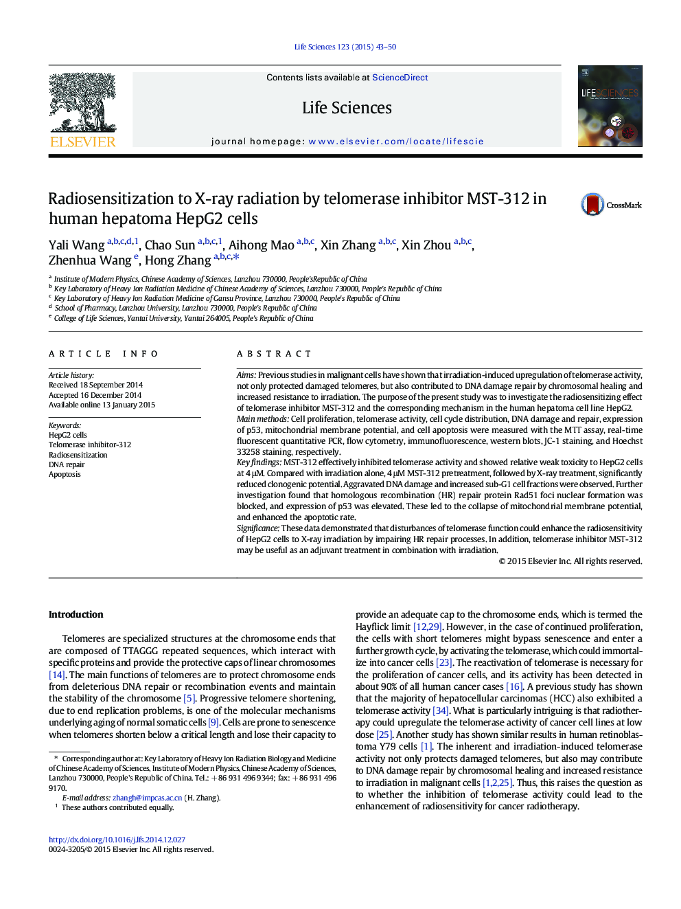 Radiosensitization to X-ray radiation by telomerase inhibitor MST-312 in human hepatoma HepG2 cells