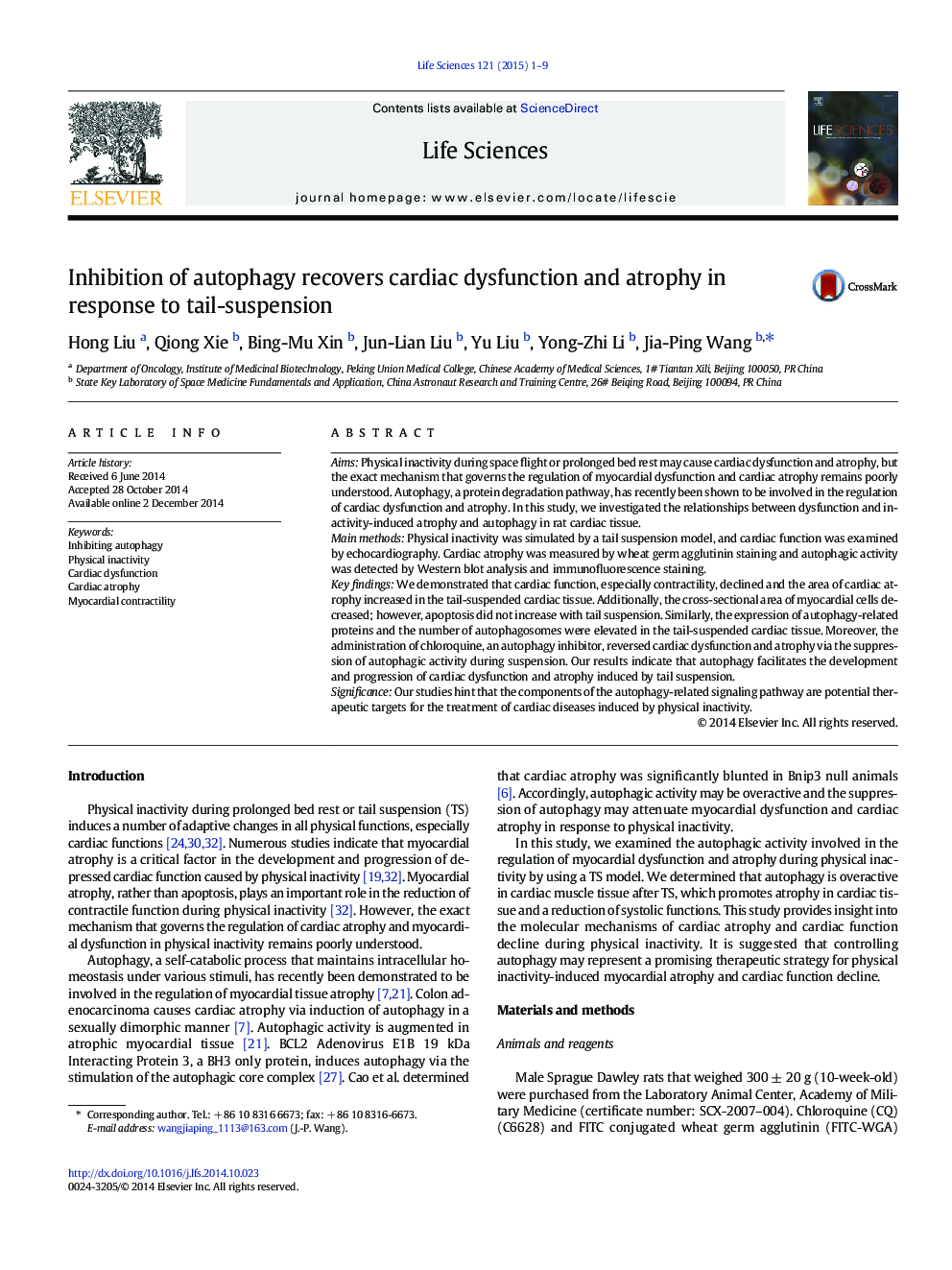 Inhibition of autophagy recovers cardiac dysfunction and atrophy in response to tail-suspension