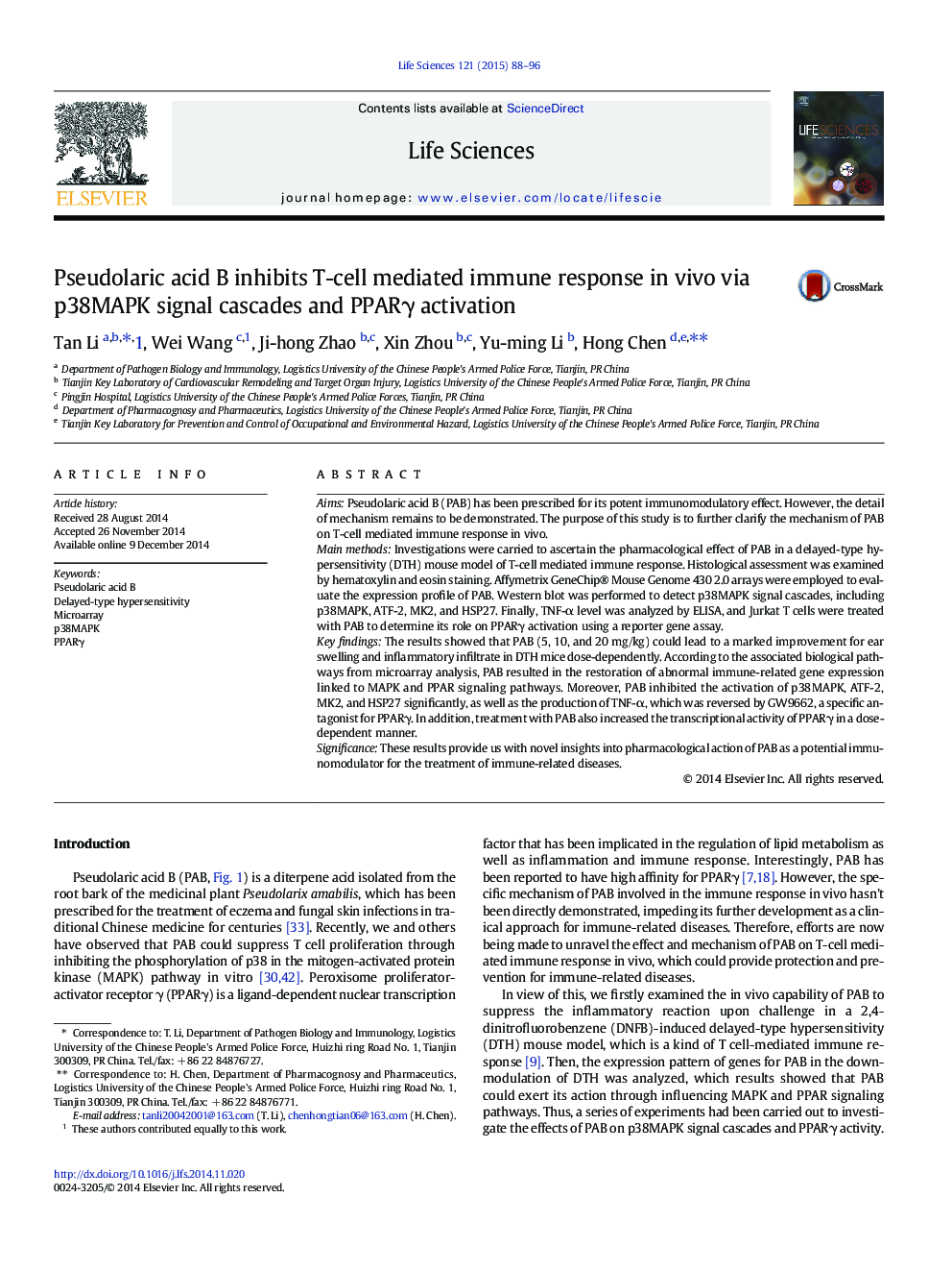 Pseudolaric acid B inhibits T-cell mediated immune response in vivo via p38MAPK signal cascades and PPARÎ³ activation