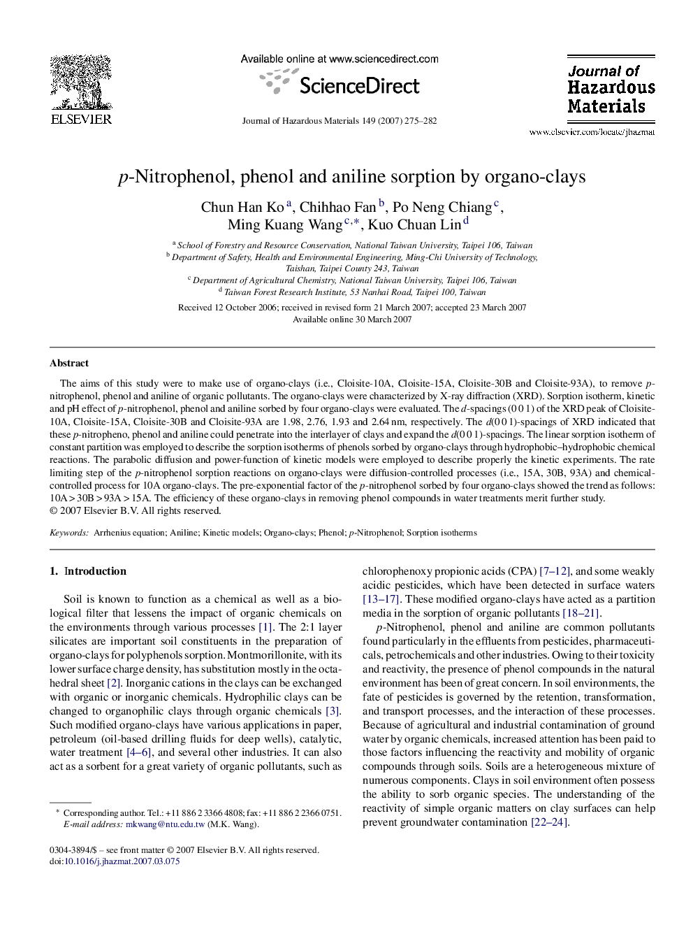p-Nitrophenol, phenol and aniline sorption by organo-clays