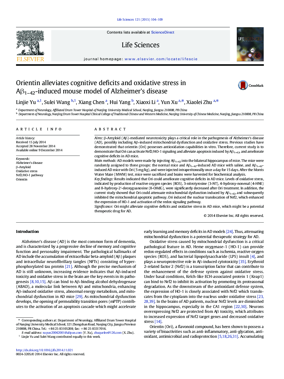 Orientin alleviates cognitive deficits and oxidative stress in AÎ²1-42-induced mouse model of Alzheimer's disease