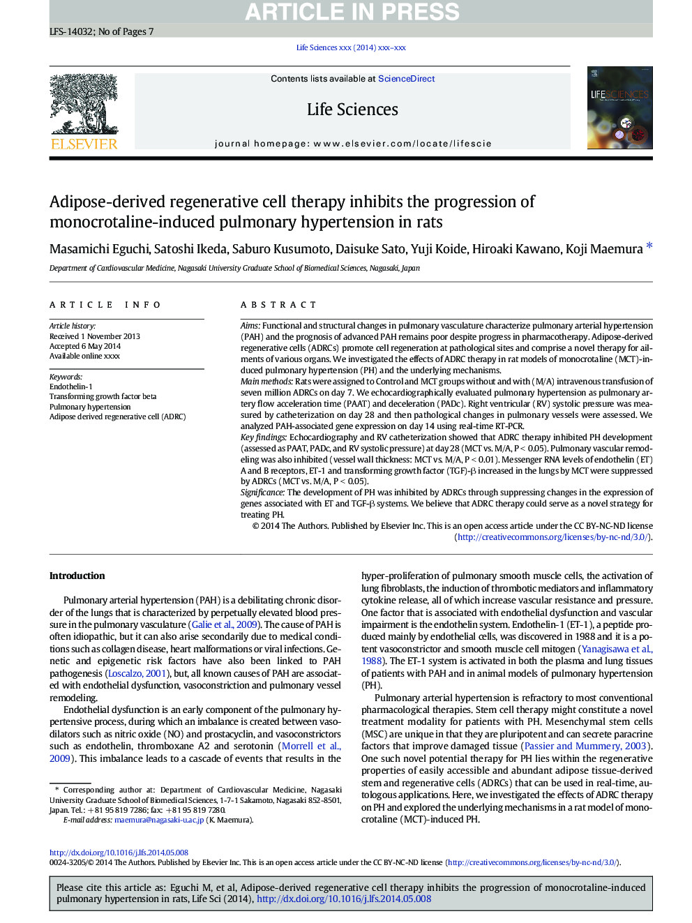 Adipose-derived regenerative cell therapy inhibits the progression of monocrotaline-induced pulmonary hypertension in rats