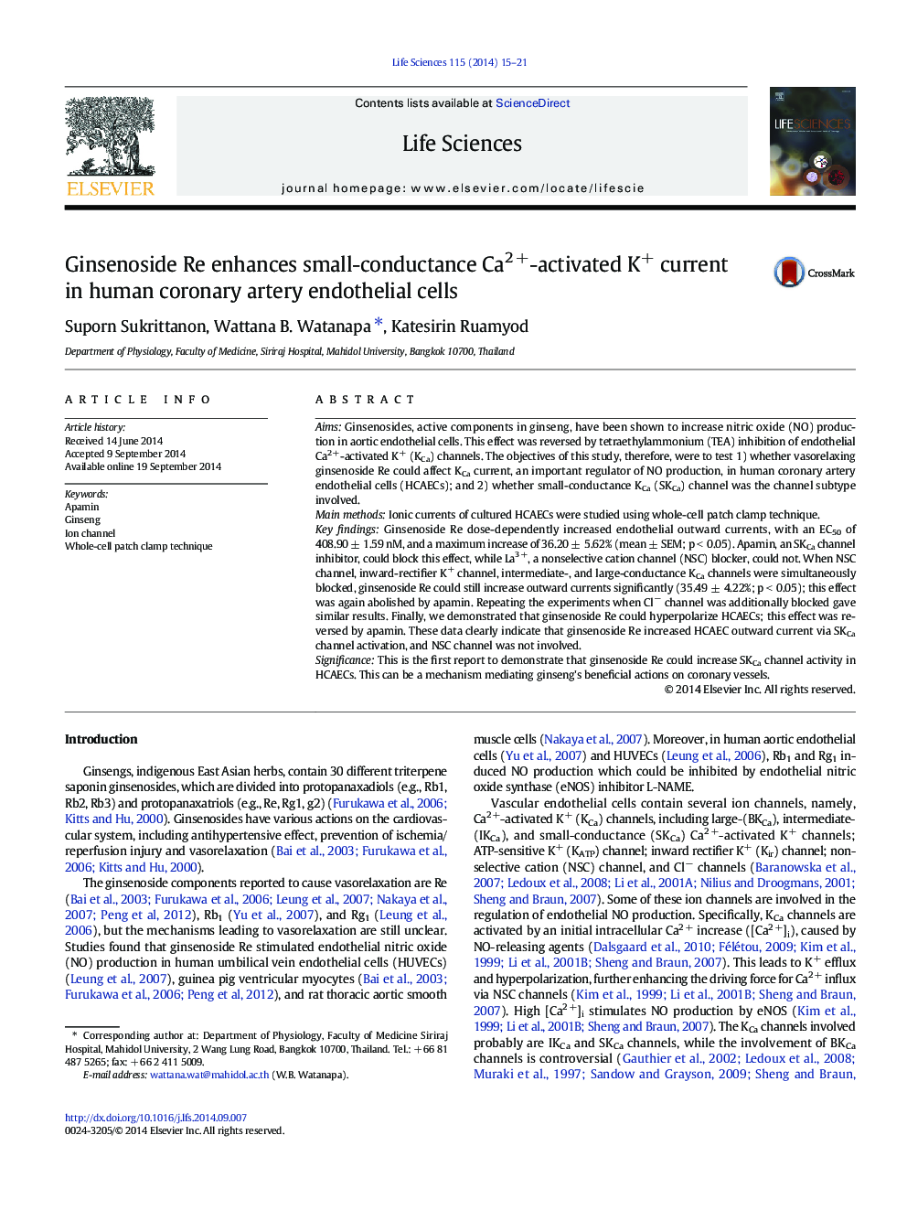 Ginsenoside Re enhances small-conductance Ca2Â +-activated K+ current in human coronary artery endothelial cells