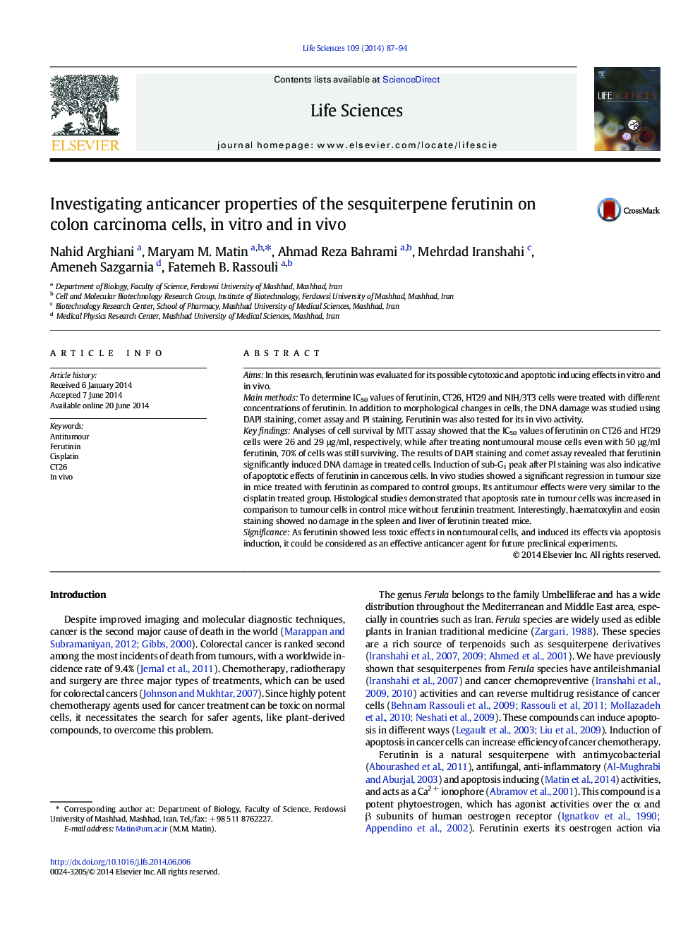 Investigating anticancer properties of the sesquiterpene ferutinin on colon carcinoma cells, in vitro and in vivo