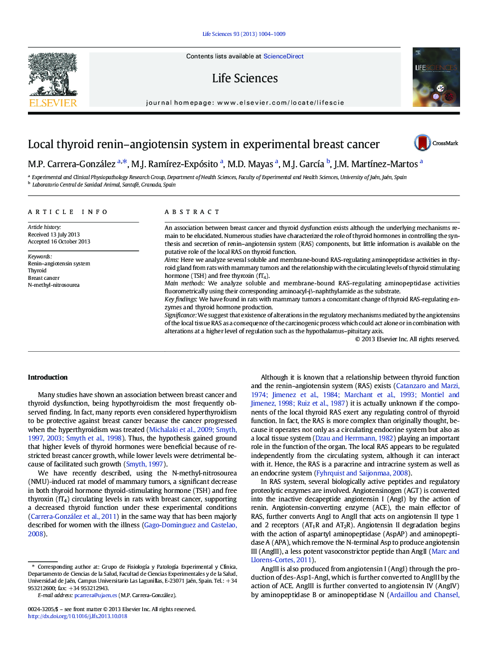 Local thyroid renin-angiotensin system in experimental breast cancer