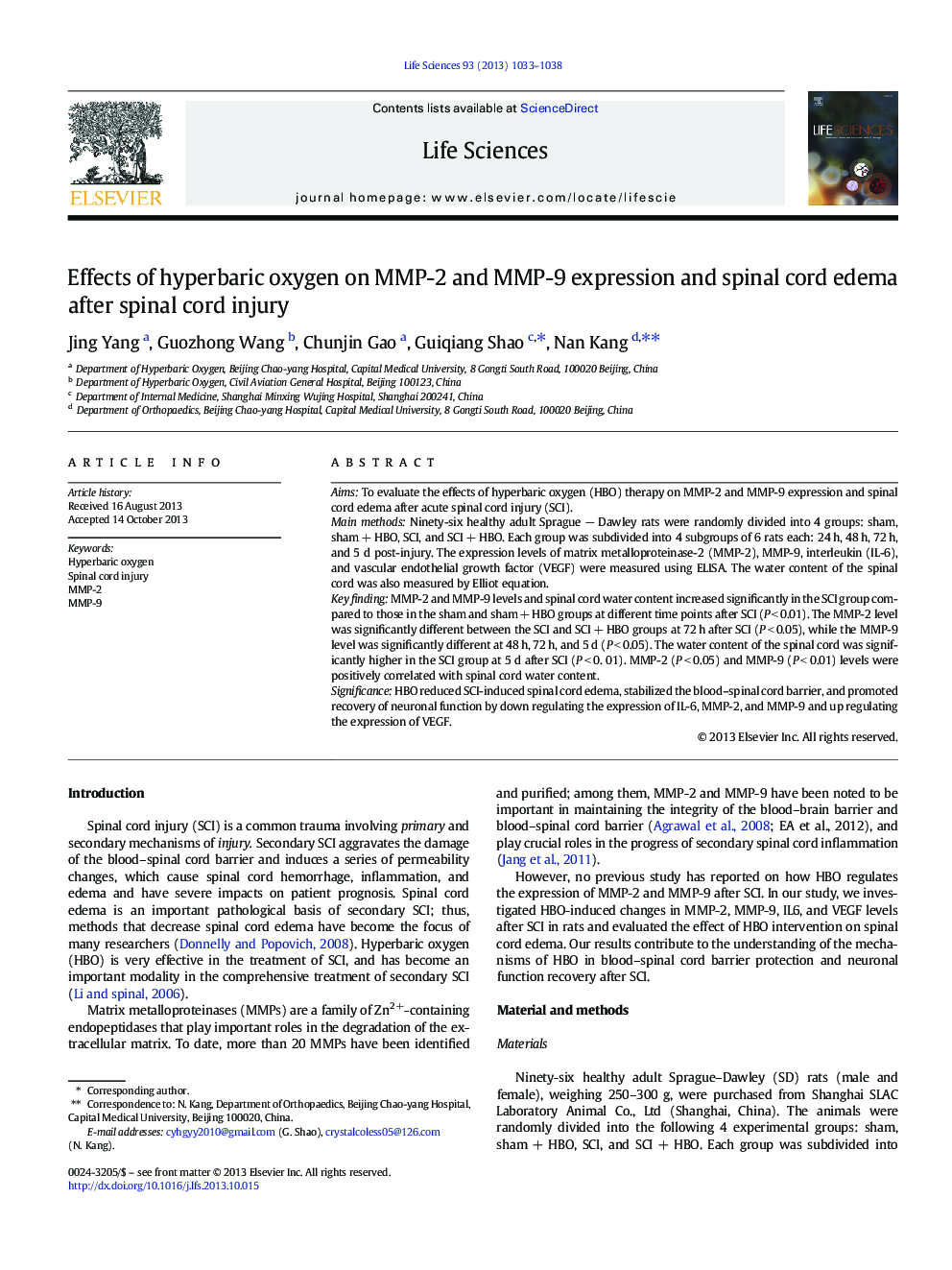 Effects of hyperbaric oxygen on MMP-2 and MMP-9 expression and spinal cord edema after spinal cord injury