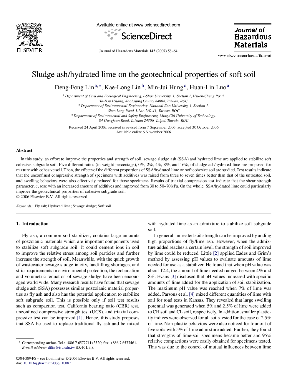 Sludge ash/hydrated lime on the geotechnical properties of soft soil