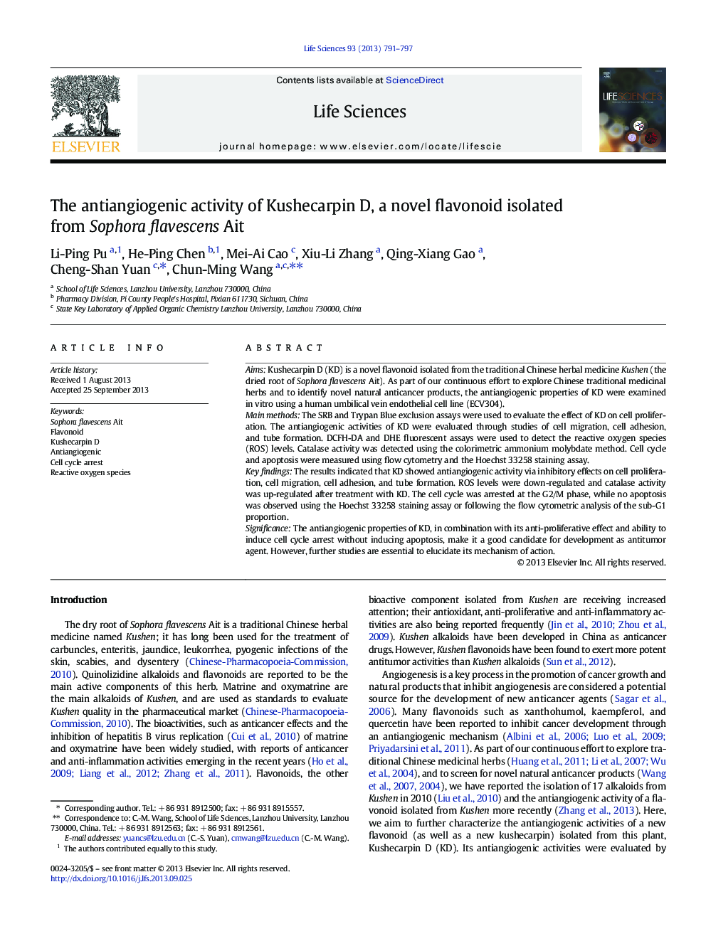 The antiangiogenic activity of Kushecarpin D, a novel flavonoid isolated from Sophora flavescens Ait