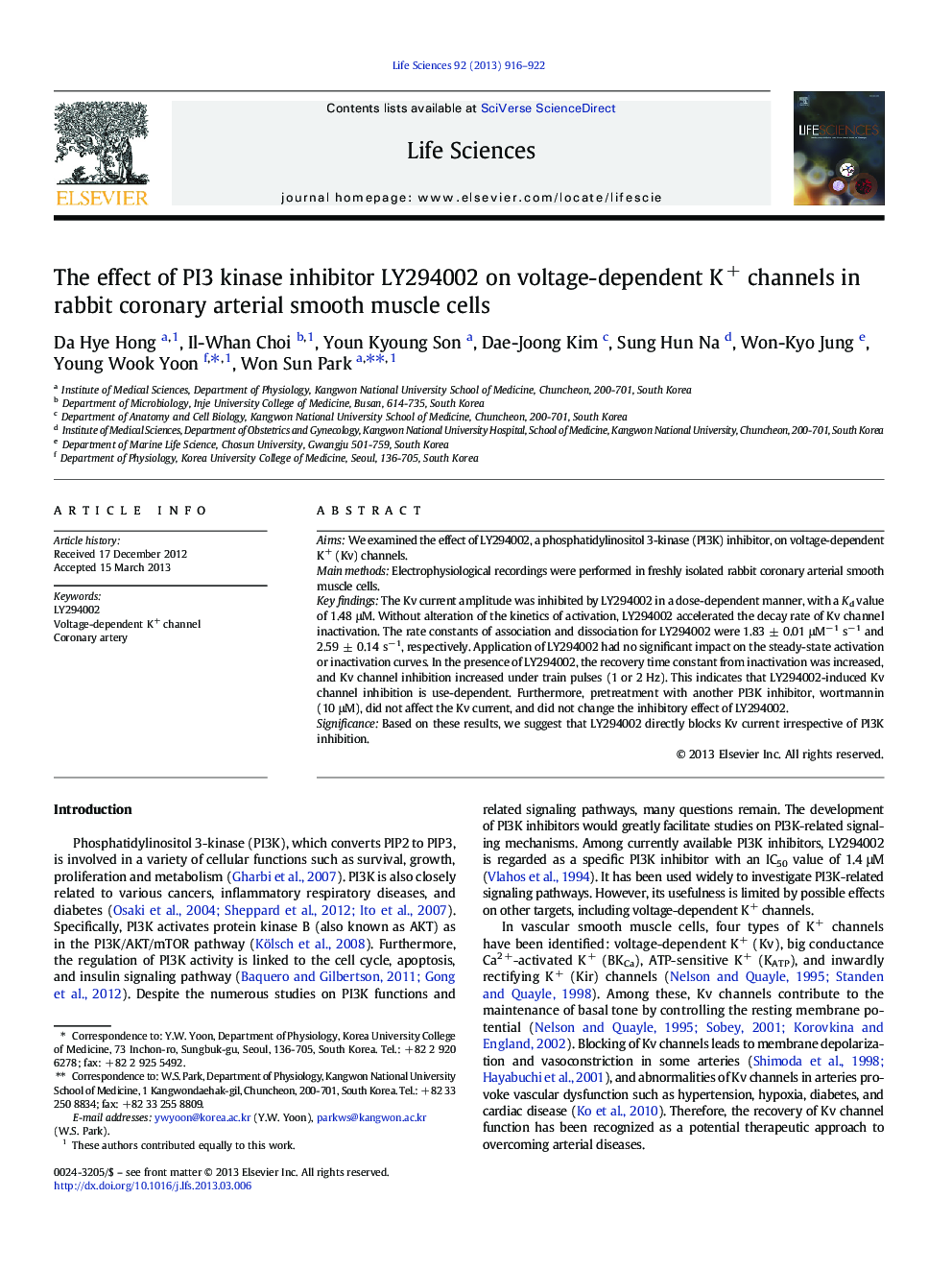 The effect of PI3 kinase inhibitor LY294002 on voltage-dependent K+ channels in rabbit coronary arterial smooth muscle cells